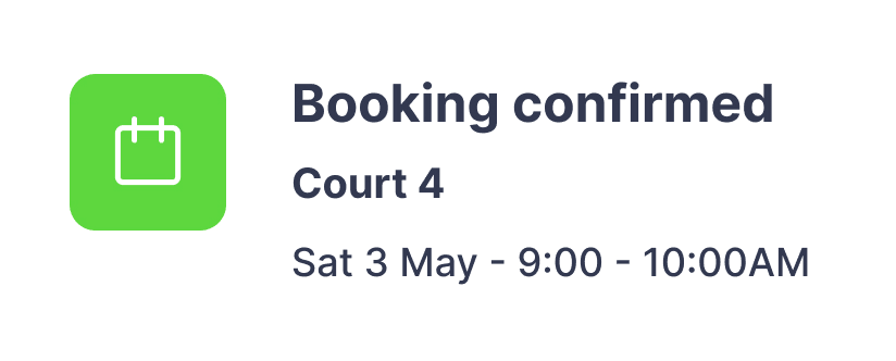 Booking confirmed for Court 4 on Saturday, May 3rd from 9:00 to 10:00 AM with a green calendar icon.
