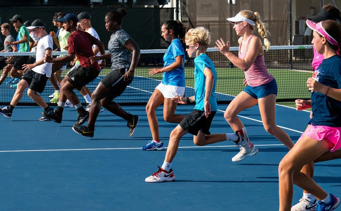 Group of children running on a blue tennis court, near the net, engaged in a sports activity.