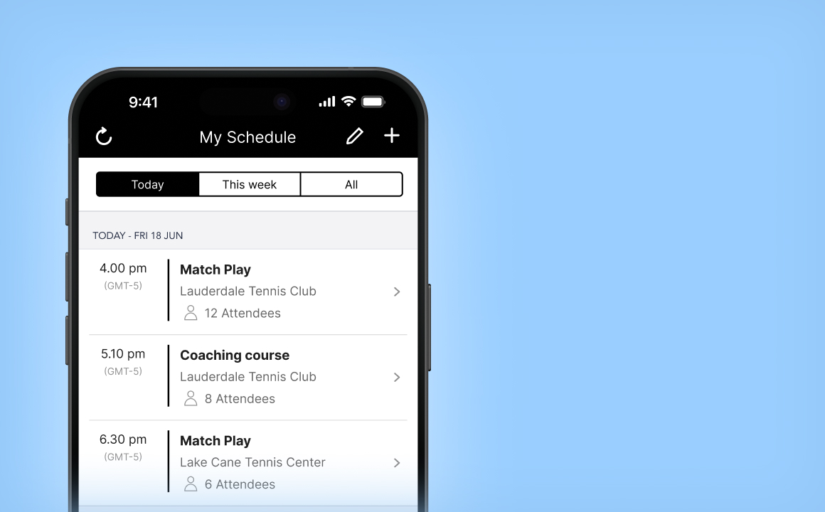 Smartphone screen showing a schedule app with tennis-related events listed for Friday, June 18, including match play and coaching courses at different locations with attendee counts.