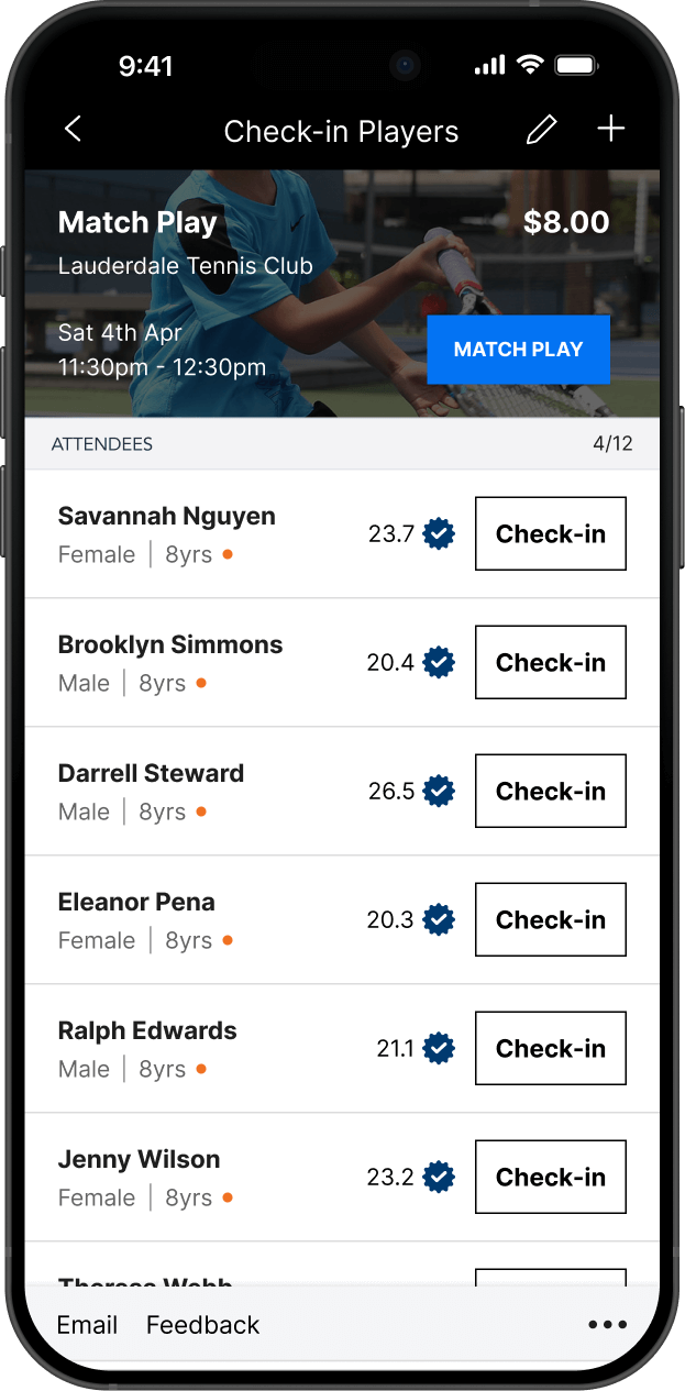 Mobile screen showing Check-in Players for Match Play at Lauderdale Tennis Club with player names, gender, age, ratings, and check-in buttons.