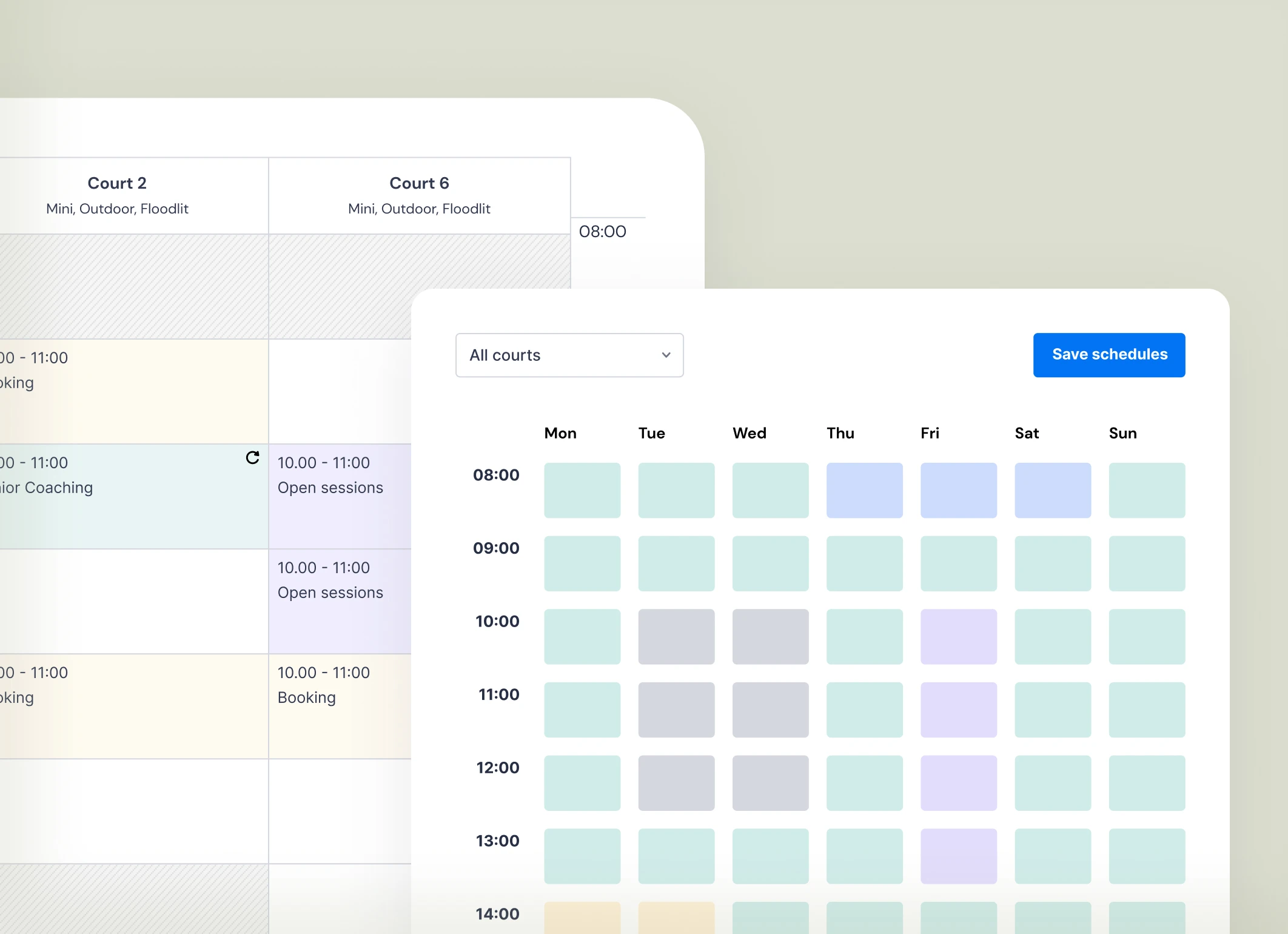 Digital weekly schedule interface showing time slots from 8:00 to 14:00 for all courts, with colored blocks representing booked and available times, and a blue Save schedules button.