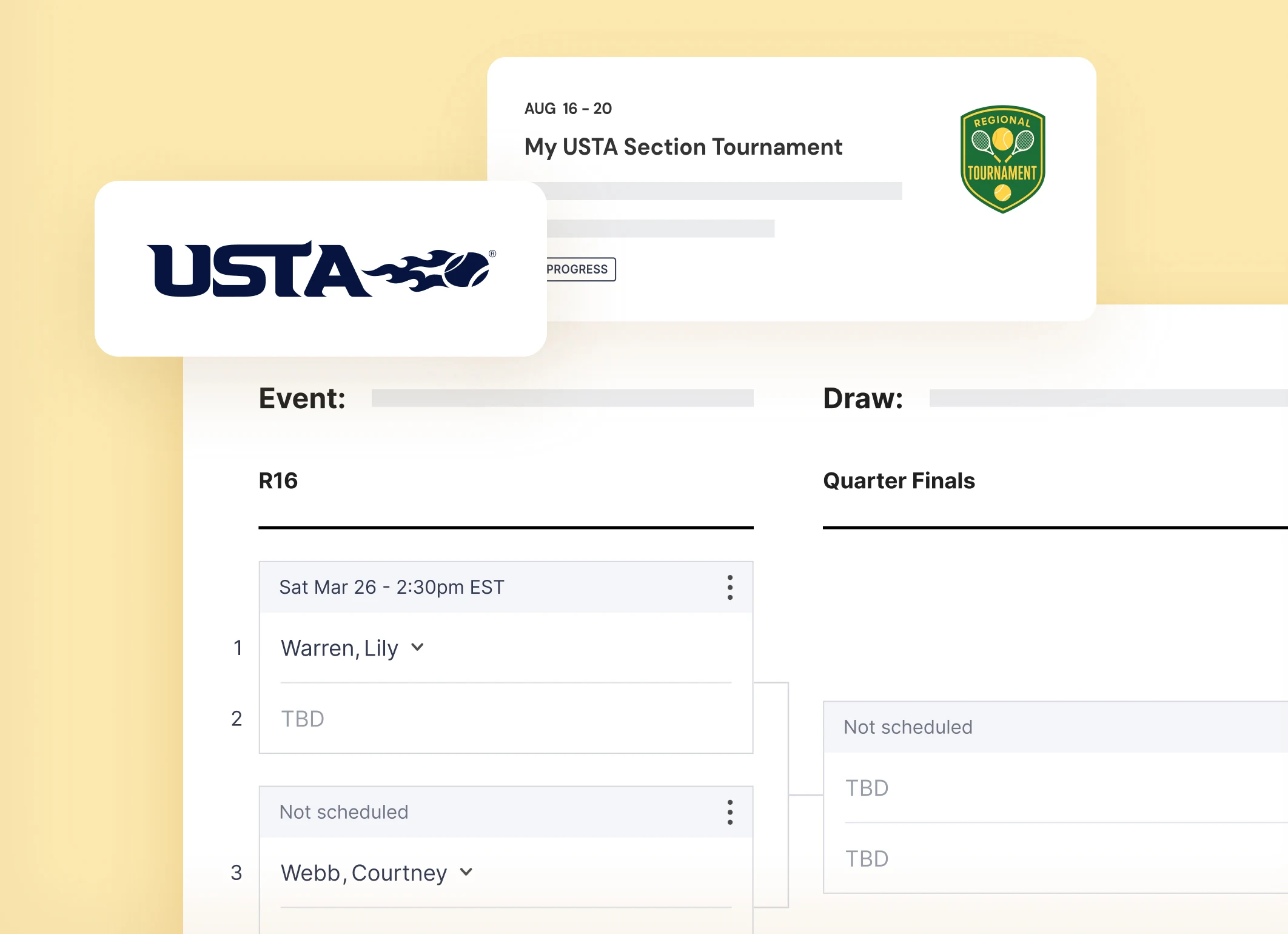 Partial screenshot of a USTA Section Tournament bracket showing matchups and scheduling details with names Lily Warren and Courtney Webb.