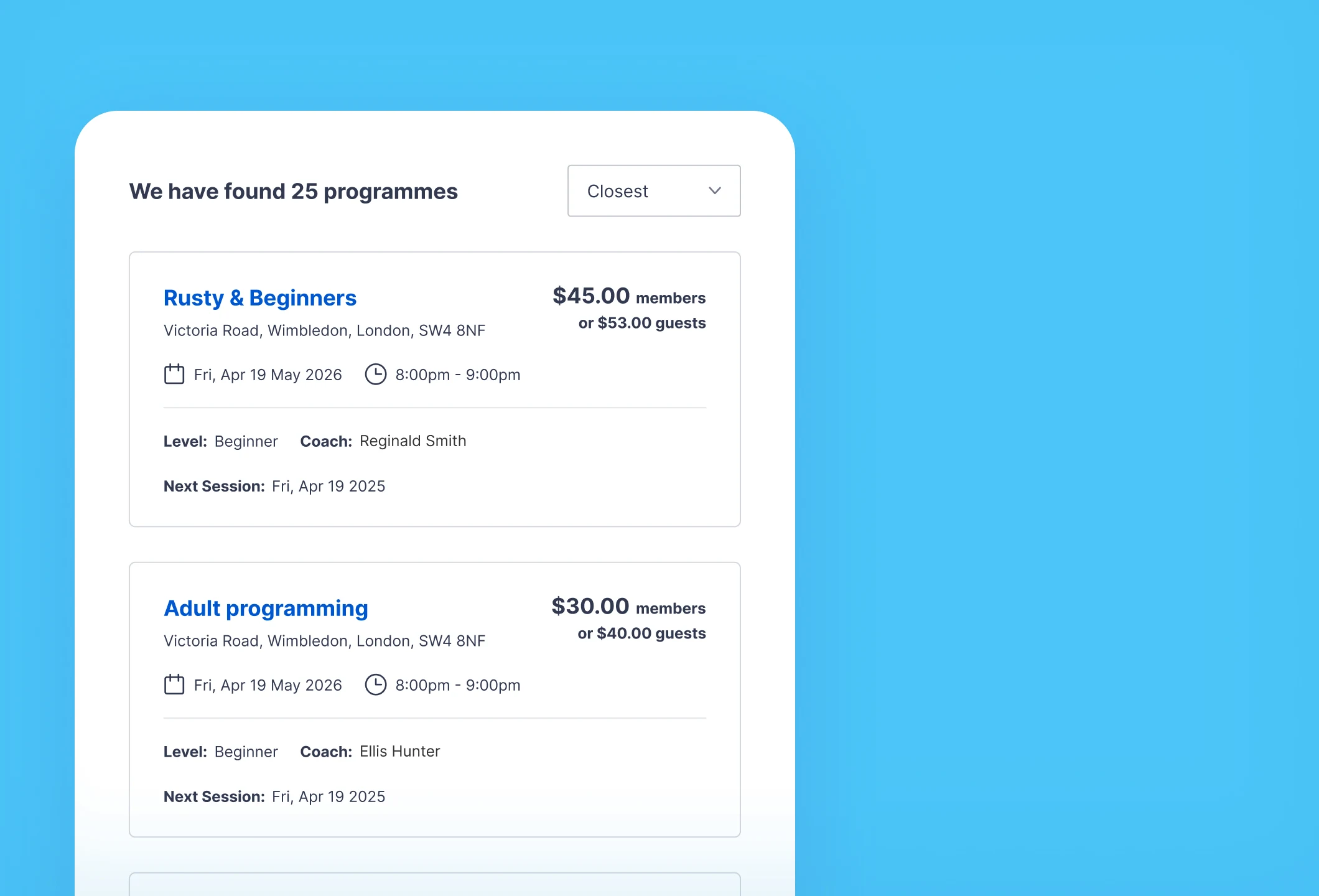 Search results listing 25 programs including 'Rusty & Beginners' and 'Adult programming' in Wimbledon with dates, times, prices, levels, coaches, and next session info.