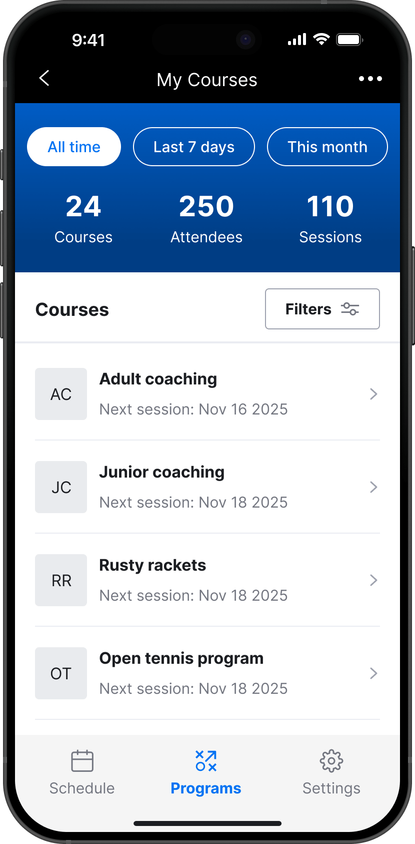 Mobile app screen showing My Courses with filters for All time, Last 7 days, and This month, displaying 24 courses, 250 attendees, and 110 sessions, and a list of courses including Adult coaching, Junior coaching, Rusty rackets, and Open tennis program with their next session dates in November 2025.