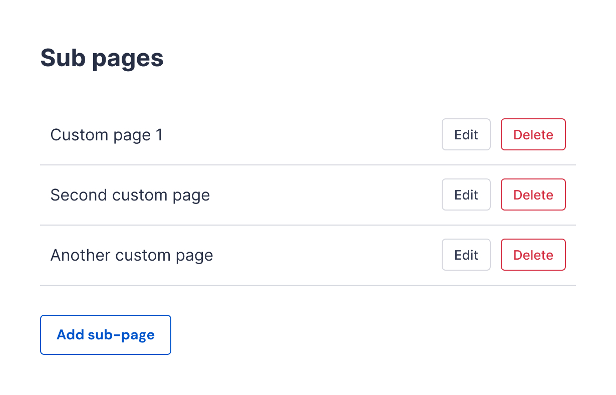 List of sub pages titled Custom page 1, Second custom page, and Another custom page with Edit and Delete buttons next to each, and a blue Add sub-page button below.