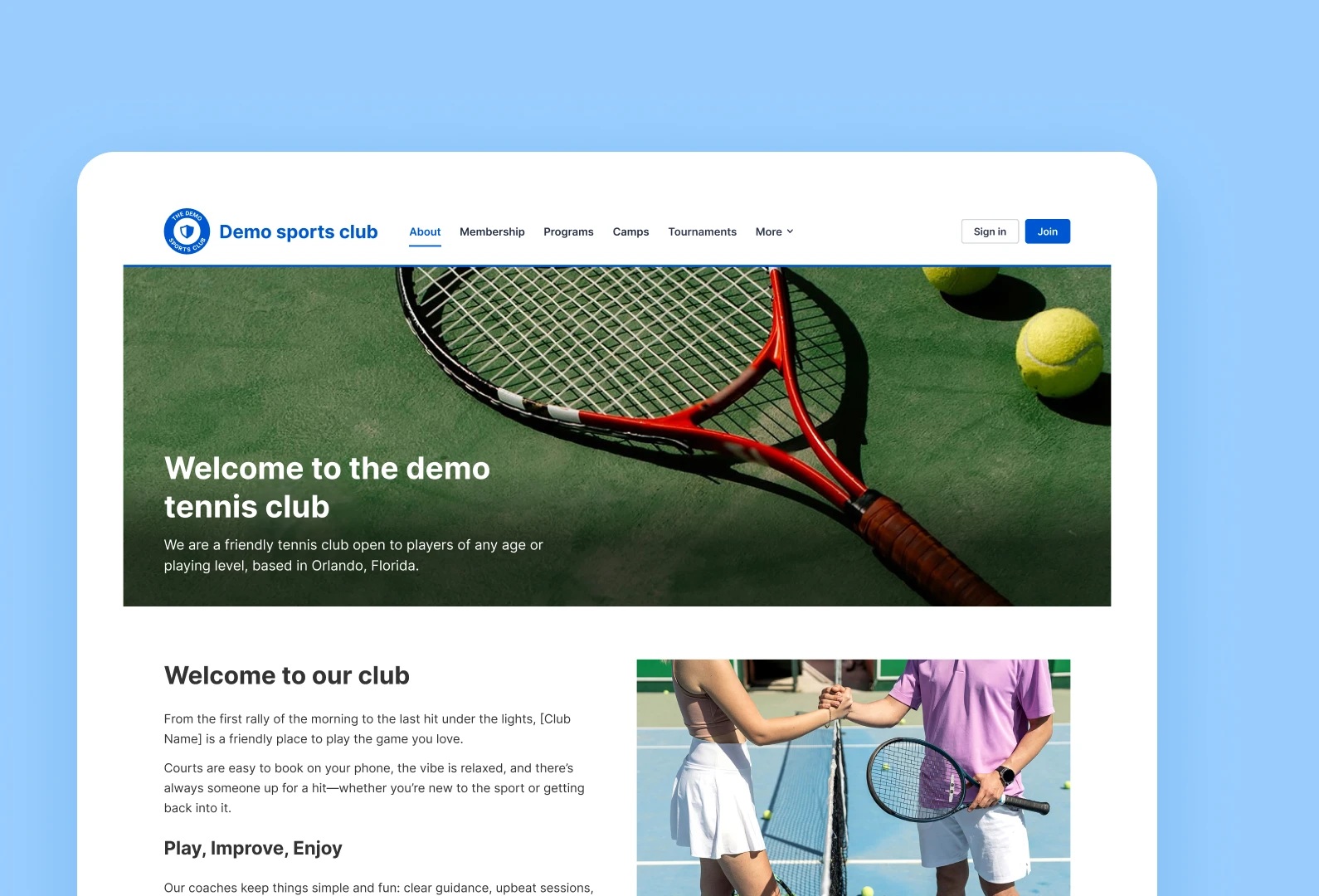 Tennis racket and two tennis balls on a green court surface with website header text welcoming visitors to the demo tennis club.