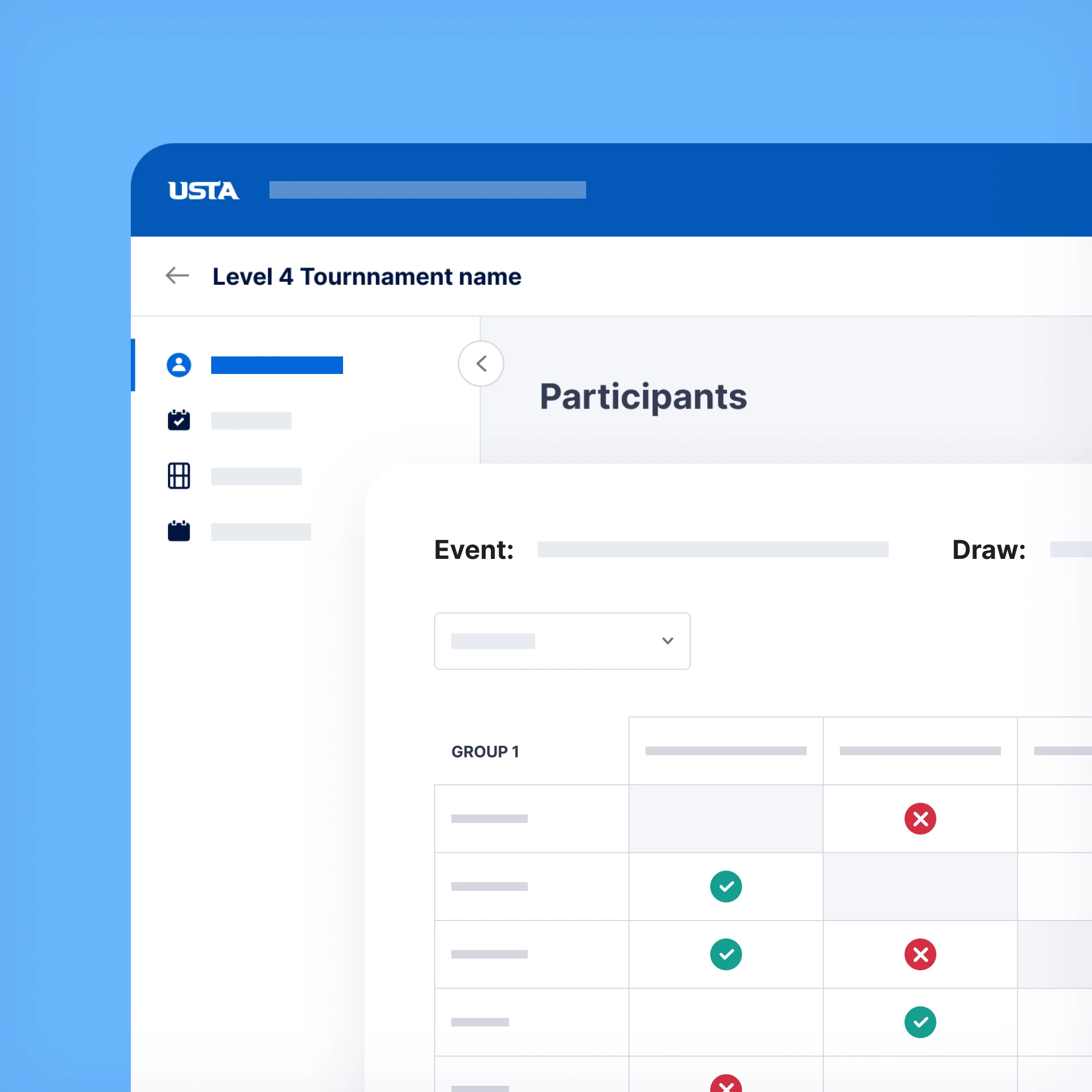 User interface screen showing a Level 4 Tournament participant list with a group table indicating participant status using green check marks and red crosses.