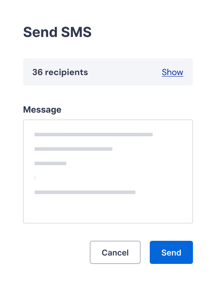 User interface screen for sending an SMS to 36 recipients, including a message input box and Cancel and Send buttons.