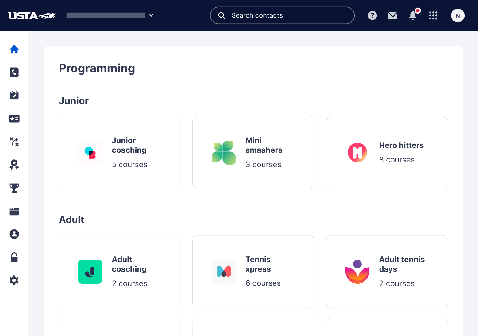 User interface showing programming categories with junior and adult tennis coaching courses and icons.
