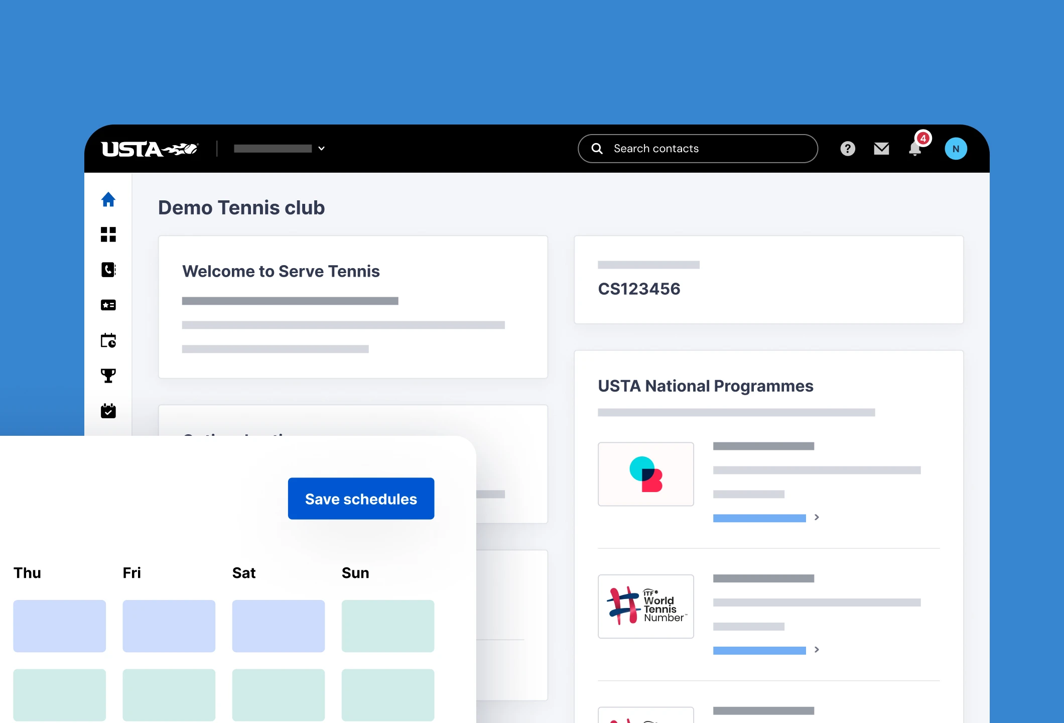 User interface of Demo Tennis Club dashboard showing menu icons, a welcome message, customer ID, USTA National Programmes section, and a pop-up weekly schedule planner with a Save schedules button.