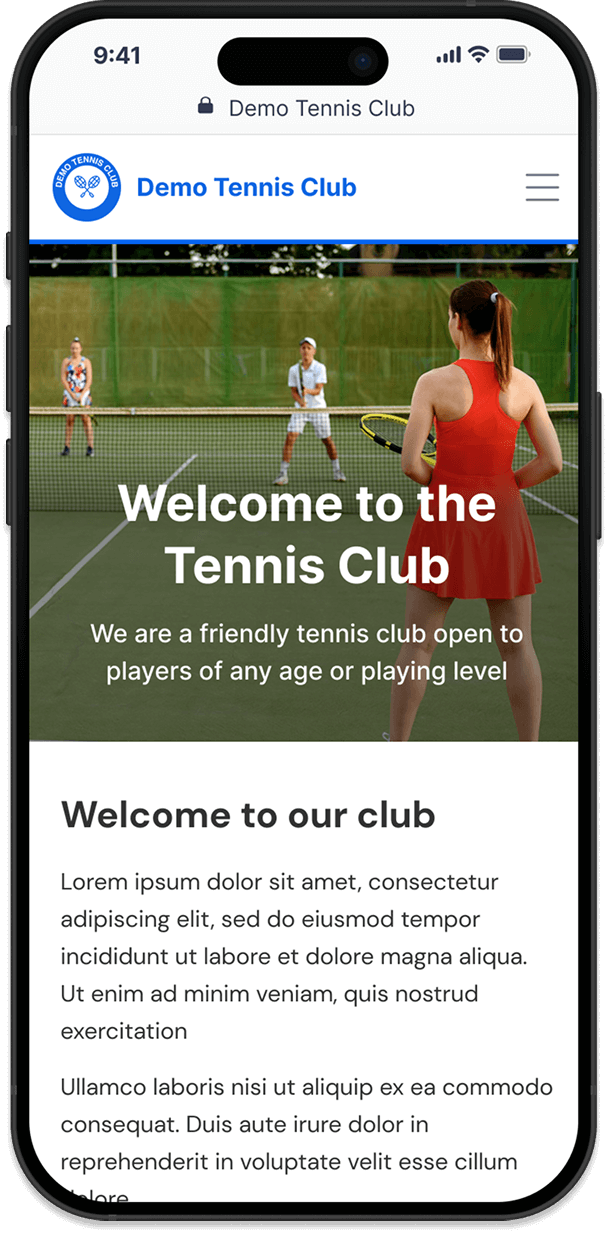 Mobile screen showing Demo Tennis Club website with a tennis court background, players, and welcome text.