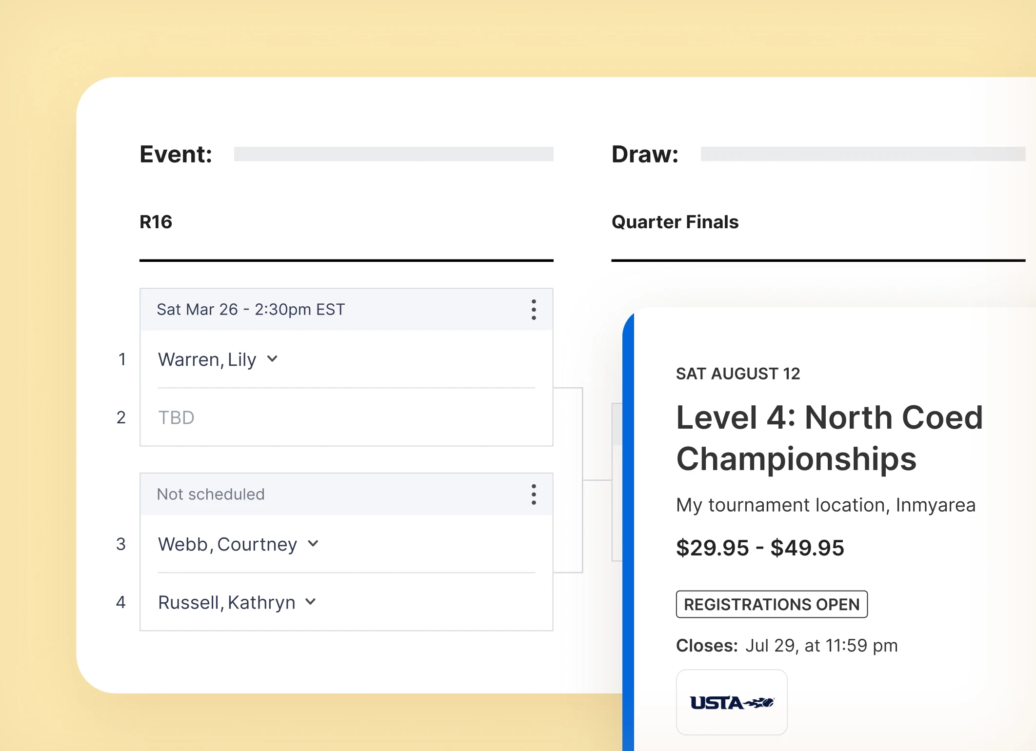 Partial tennis tournament bracket showing matchups with one scheduled match on Sat Mar 26 at 2:30pm EST between Lily Warren and TBD, and one unscheduled match between Courtney Webb and Kathryn Russell; details of a Level 4 North Coed Championships event on Sat August 12 with registration open and prices from $29.95 to $49.95.