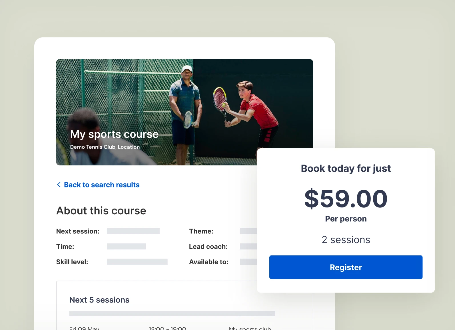 Webpage showing a tennis course titled 'My sports course' with an image of two people playing tennis, course details, and a booking box highlighting a price of $59 for two sessions with a Register button.