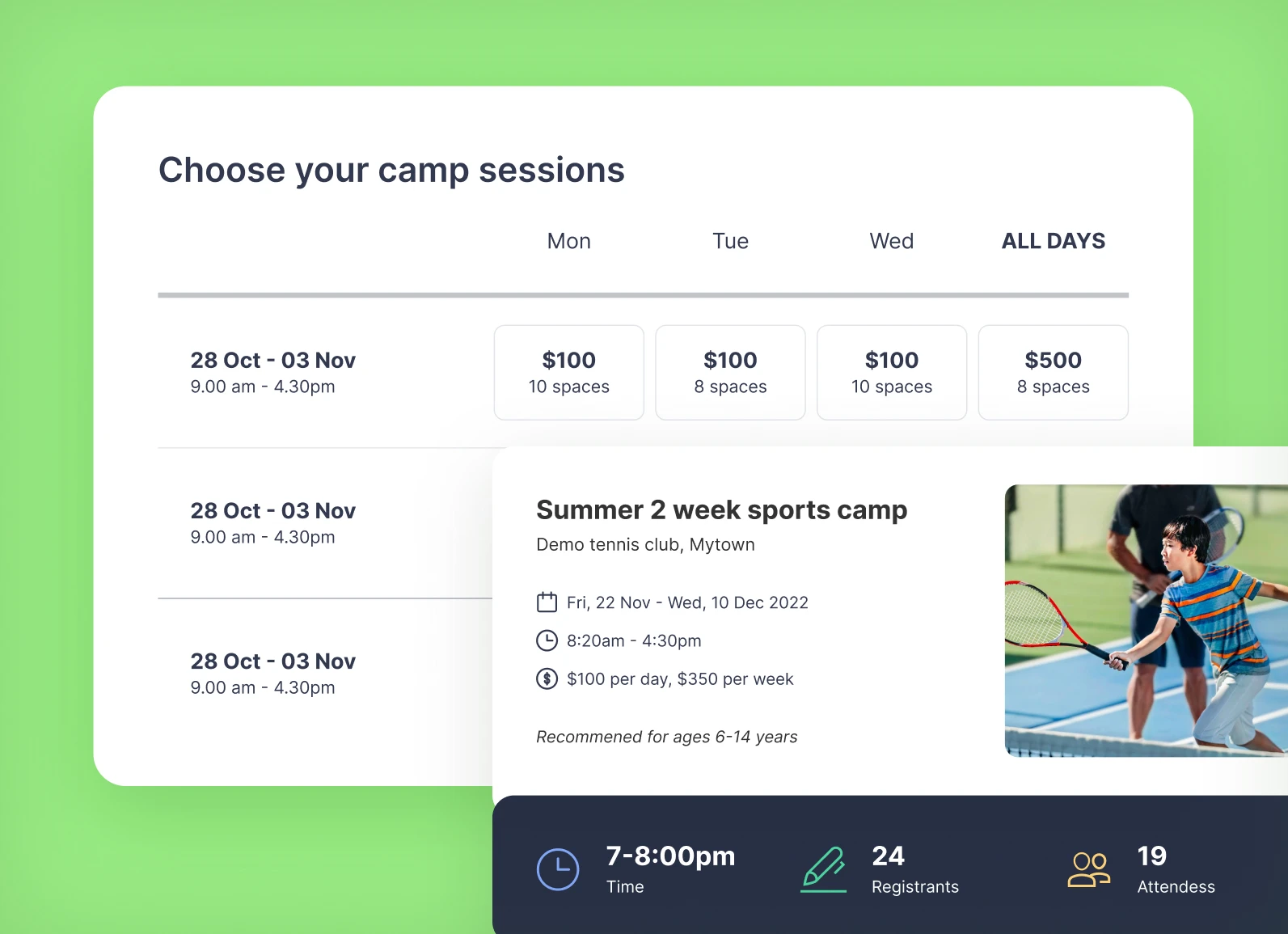 Interface showing camp session options with prices and availability, details for Summer 2 week sports camp at Demo tennis club with dates, times, and costs, and a photo of a child playing tennis.