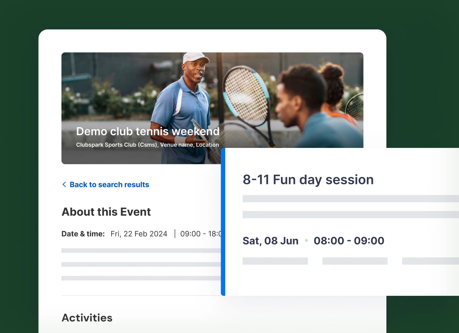 Website page showing tennis event details with an image of two men with tennis racquets talking, titled Demo club tennis weekend.