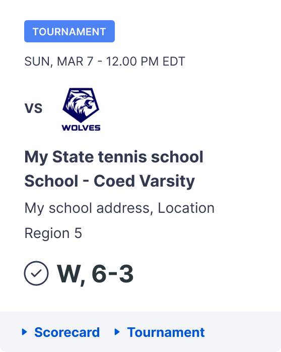 Tournament match on Sunday, March 7 at 12 PM EDT between Wolves and My State Tennis School Coed Varsity, with My State Tennis School winning 6-3.