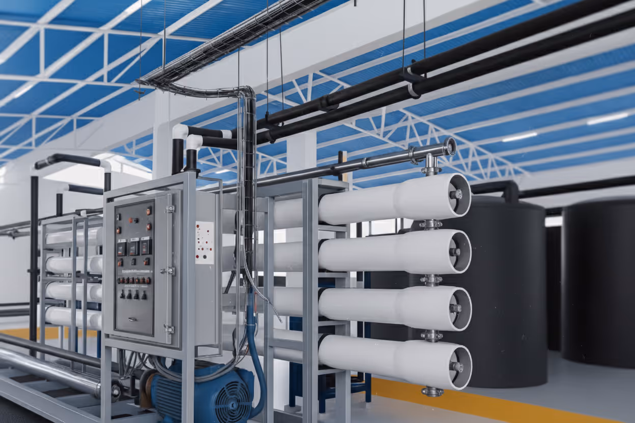 Vista horizontal de un sistema de tratamiento de agua por ósmosis inversa en una instalación industrial limpia y moderna. Destacan los módulos de membrana blancos, la caja de control y el motor azul, con tuberías negras y un techo azulado.
