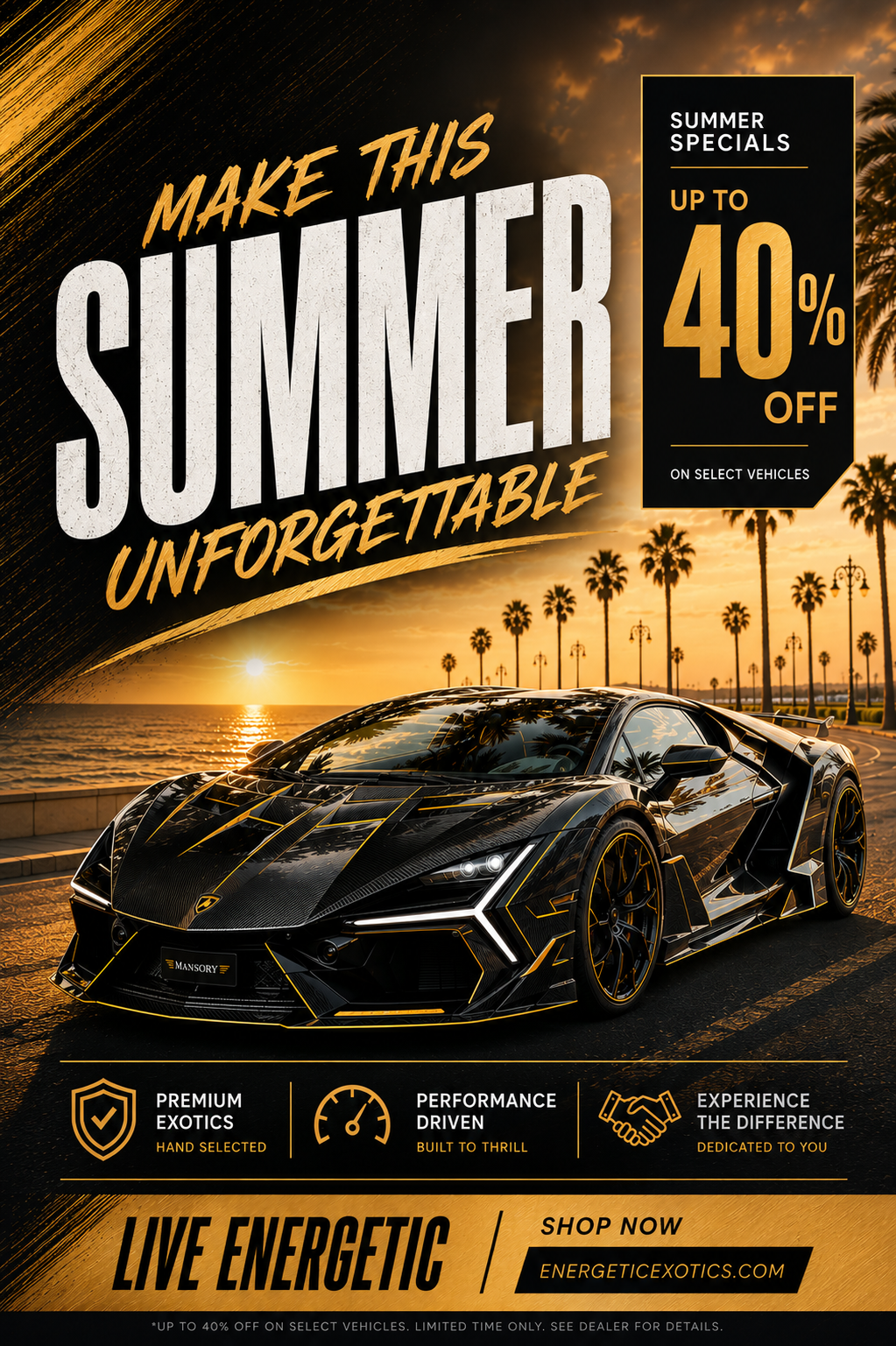 Make this summer unforgettable. Summer specials up to 40% off on select vehicles.