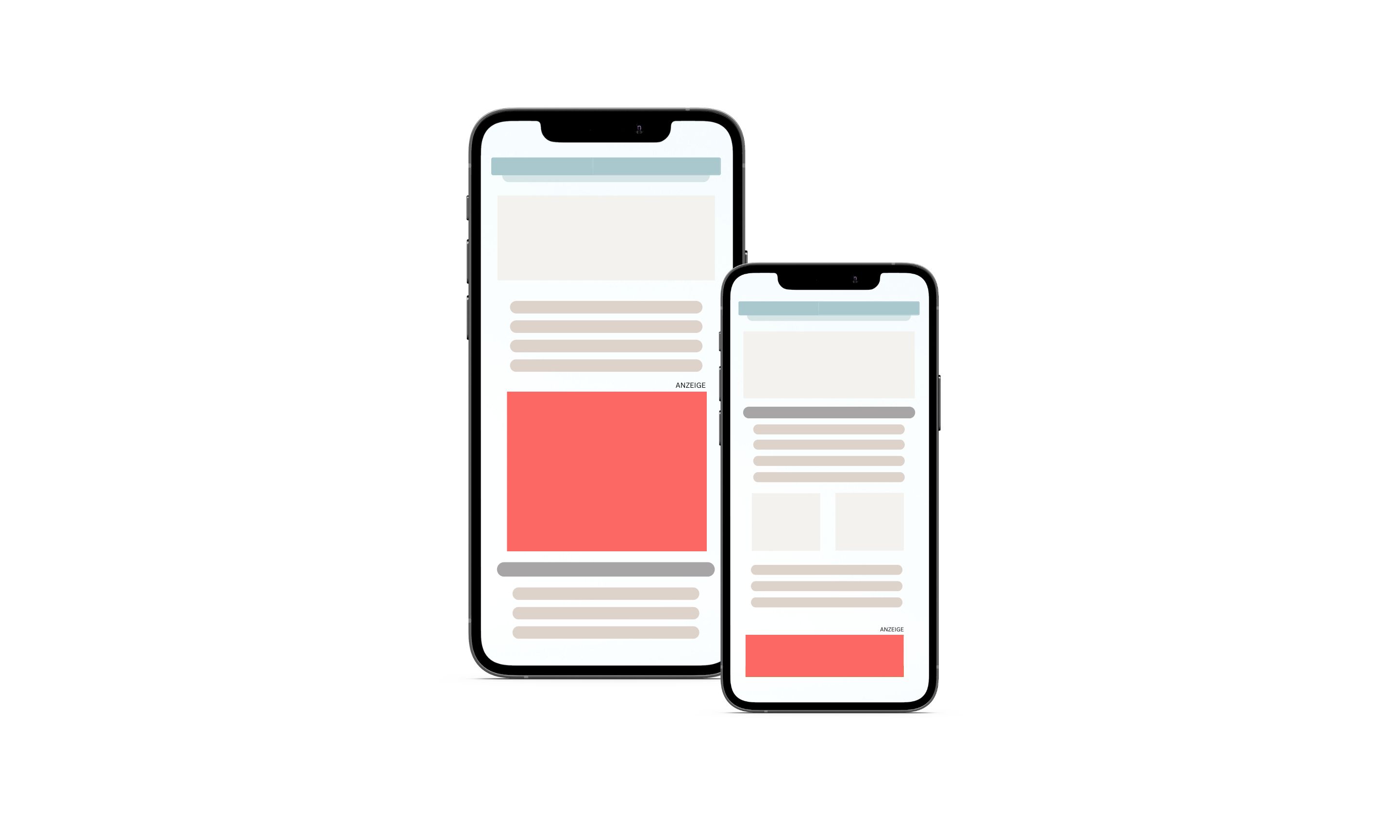 Mockup auf Handy zeigt die Verwendung von Display Bannern. Werbeflächen innerhalb Webseiten.