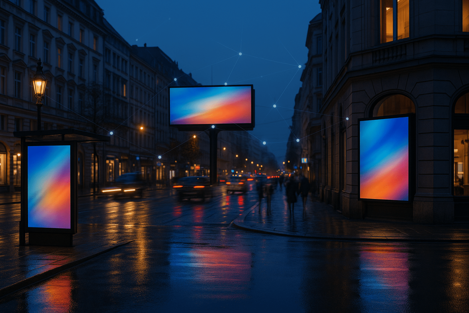 Bunte digitale Außenflächen in einer belebten Stadt. 