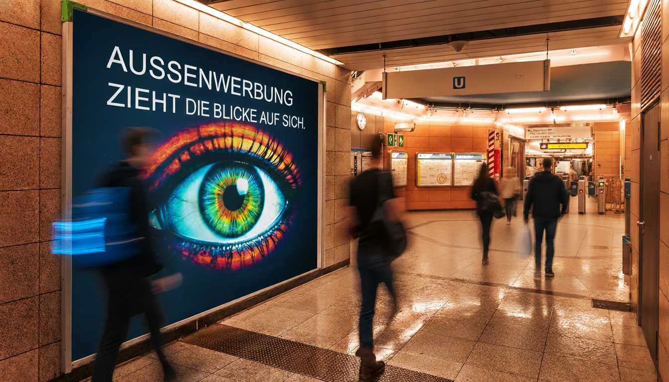 Große Plakatwerbung mit farbigem Auge und Schriftzug in einer U-Bahn Haltestelle. Passanten laufen vorbei.