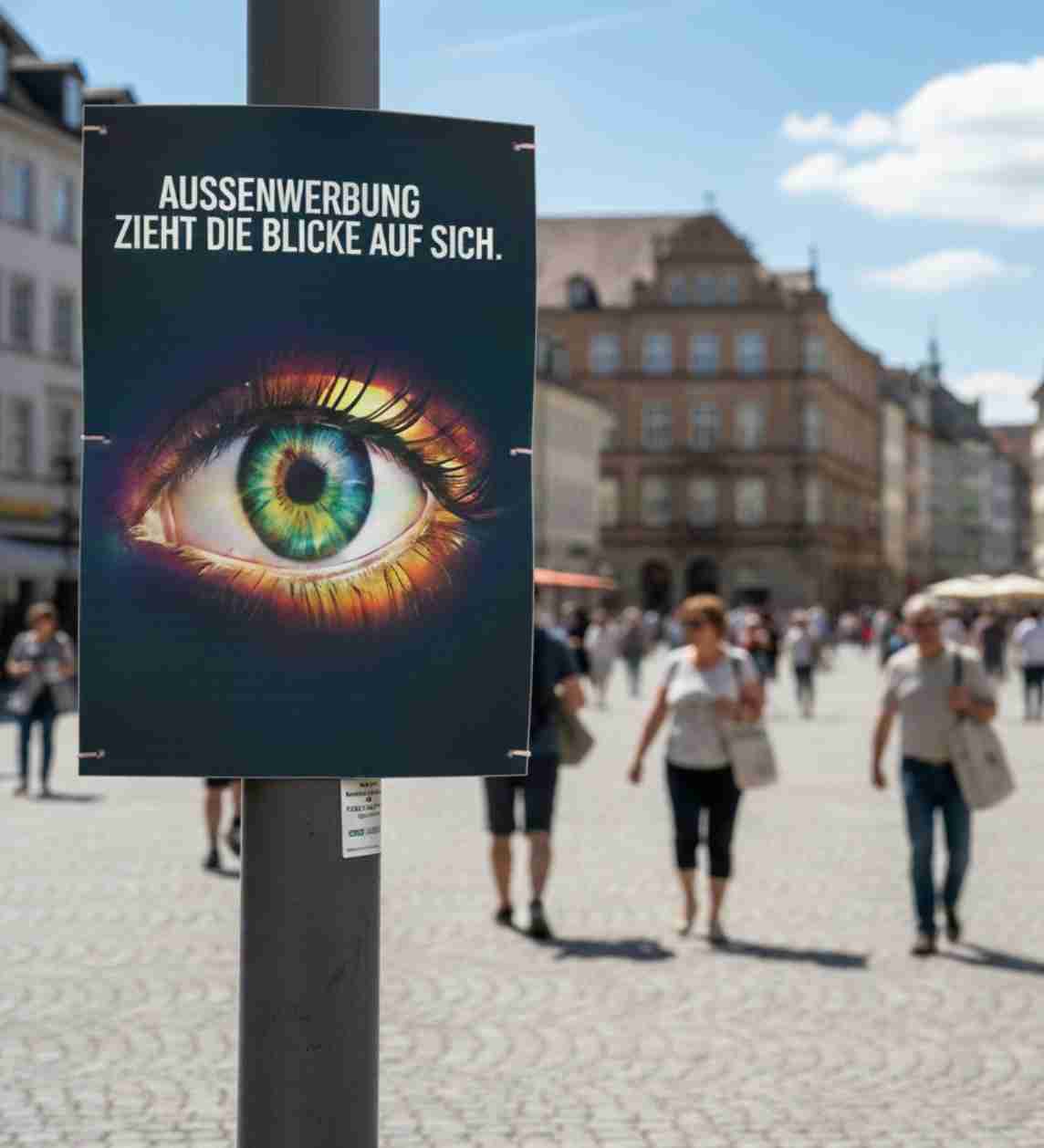 Eine Plakatfläche mit farbigem Auge und Schriftzug befestigt an einer Straßenlaterne. Passanten laufen im Hintergrund.