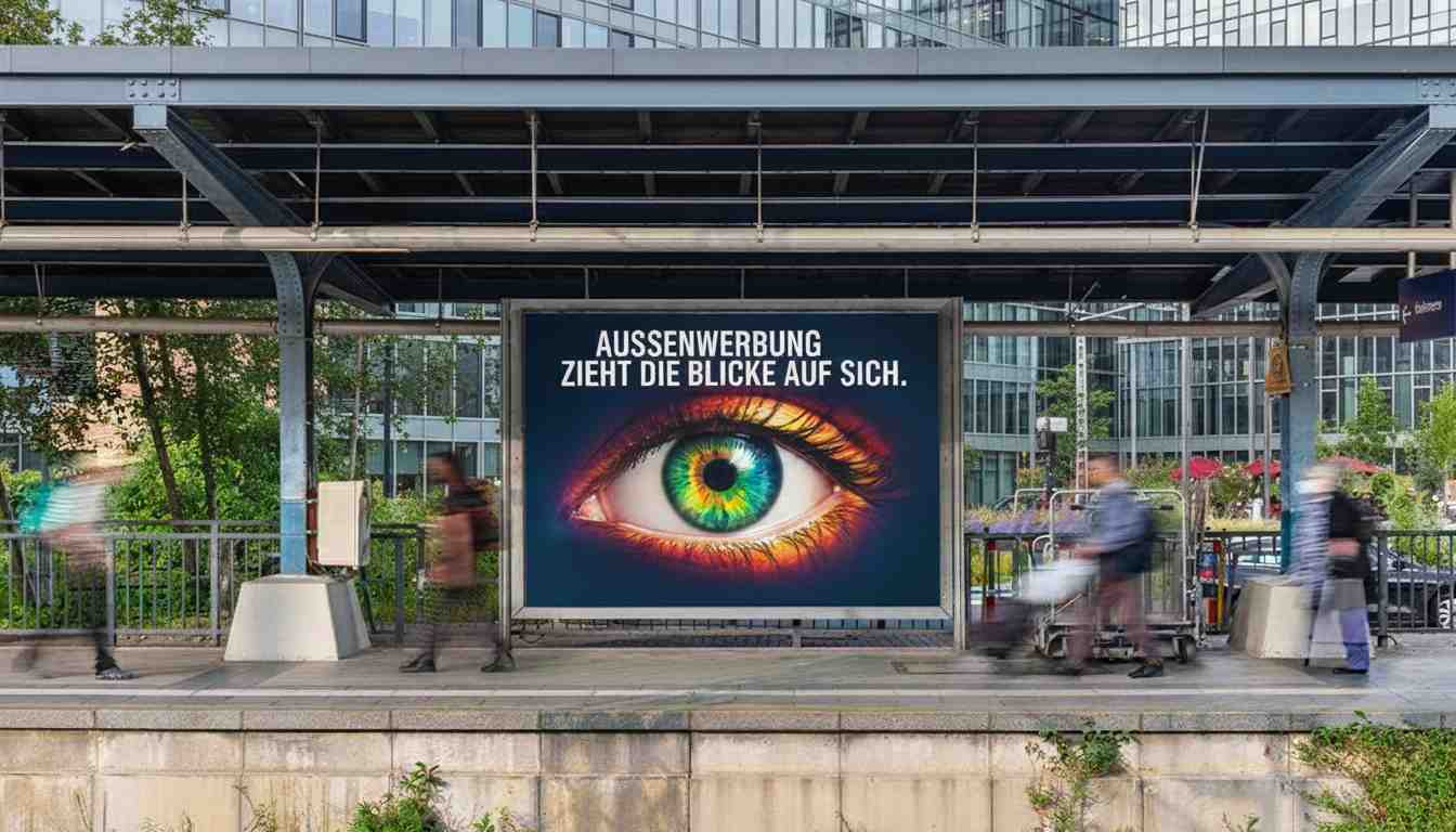 Bahnhofsplakat mit farbigem Auge und Schriftzug. Passanten gehen vorbei.