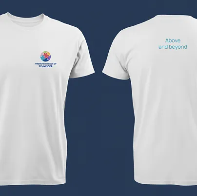White t-shirts with a colorful puzzle globe logo and text 'AMERICAN FRIENDS OF SCHNEIDER' on front and 'Above and beyond' text on back.