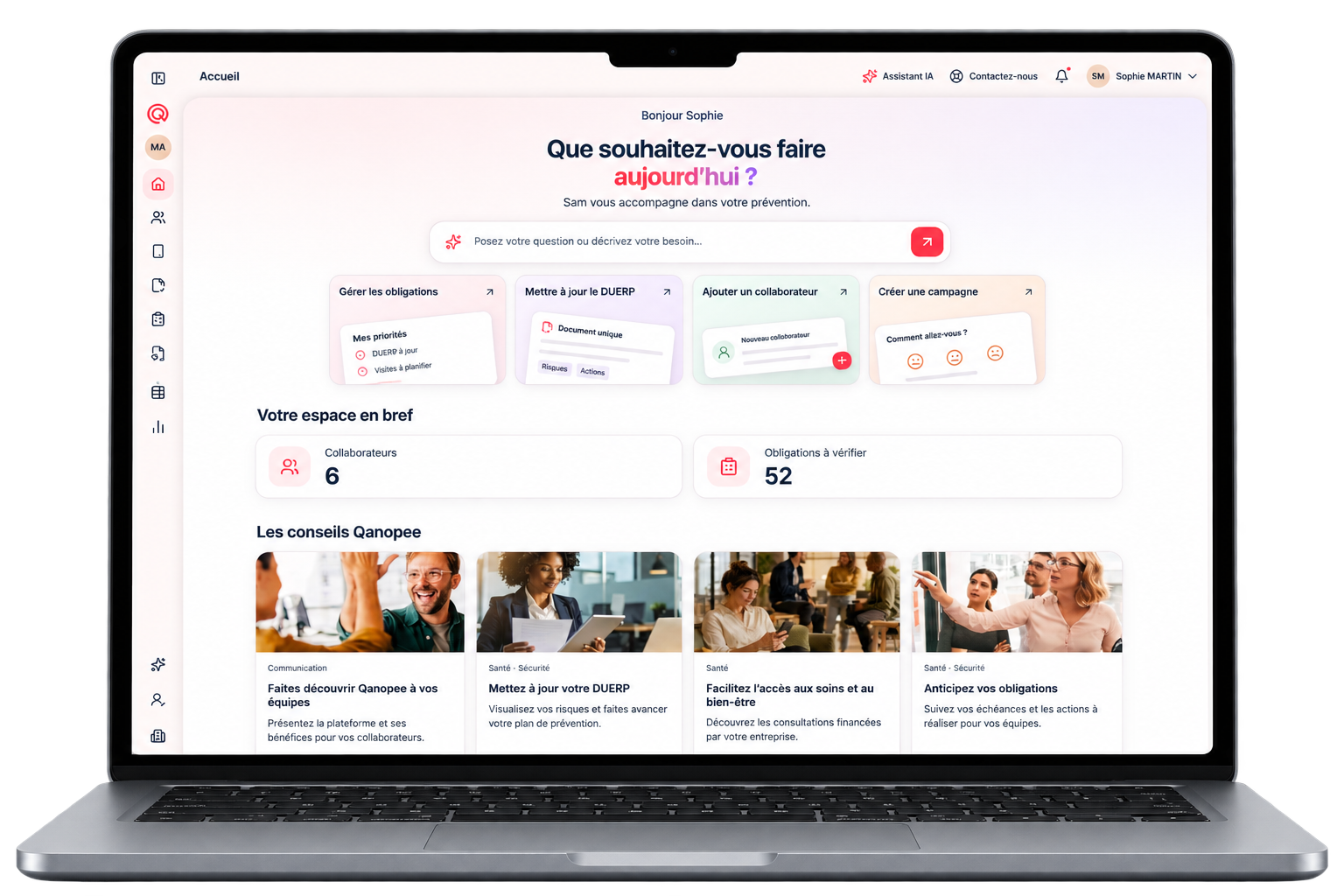 Le nouvel accueil Qanopee Admin : SAM, obligations, collaborateurs et conseils de prévention