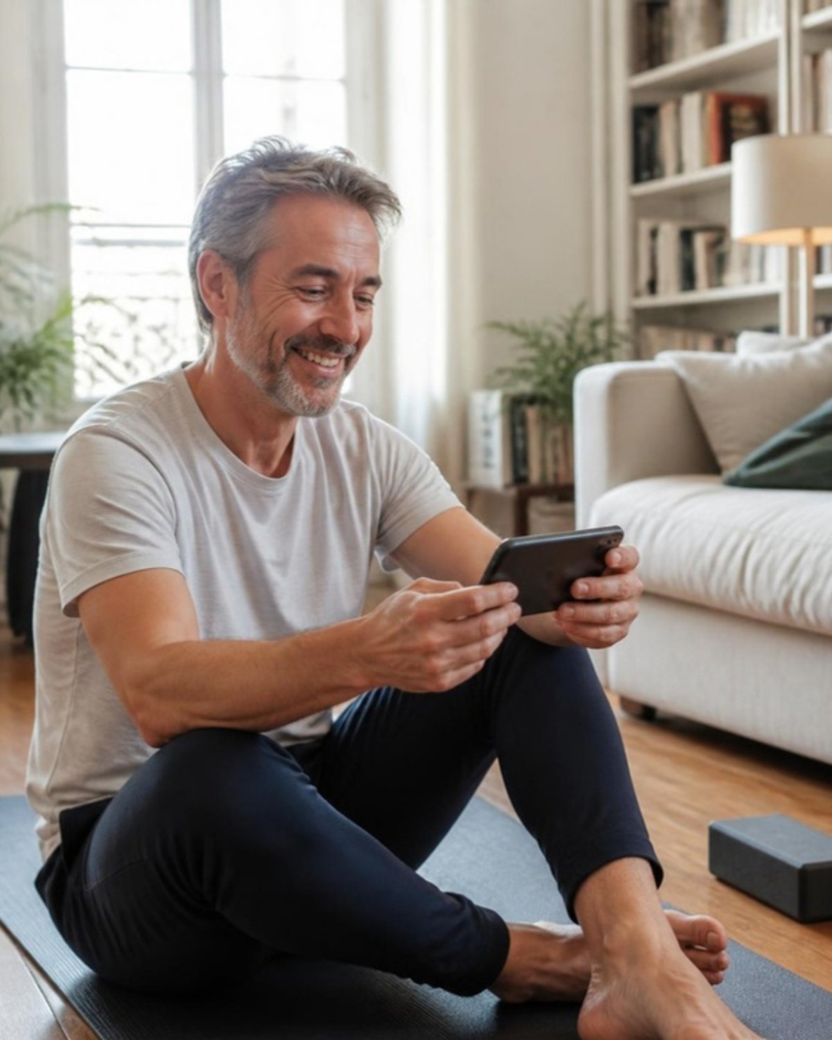 Adhérent qui suit un programme de prévention sur son smartphone chez lui