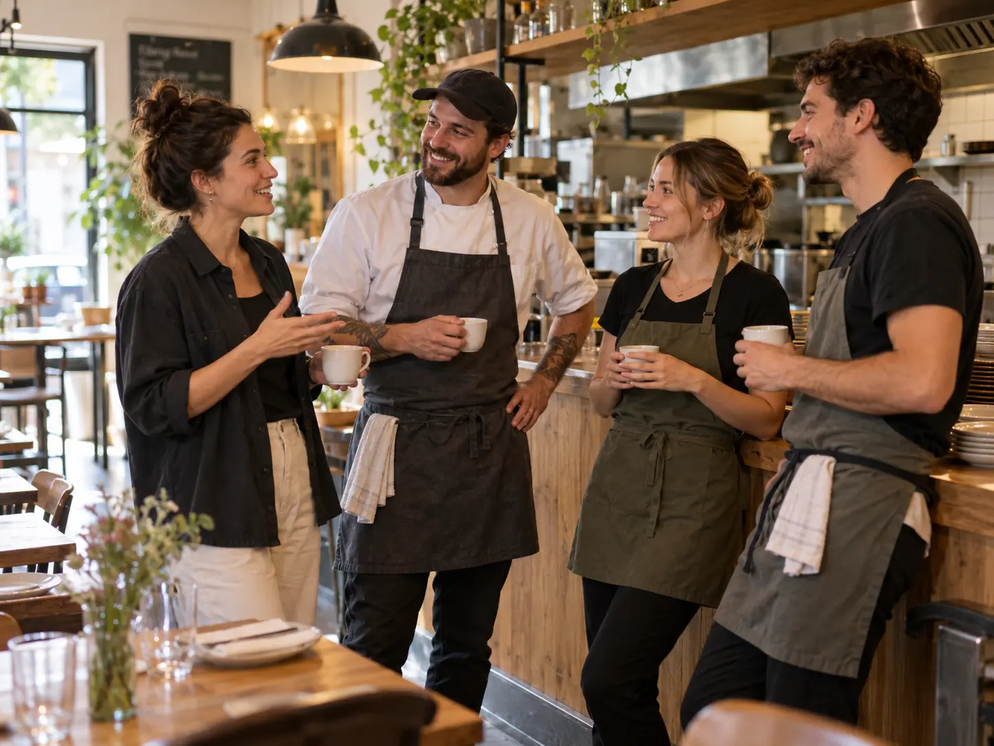 Petite équipe d’un restaurant réunie pour un point avant le service