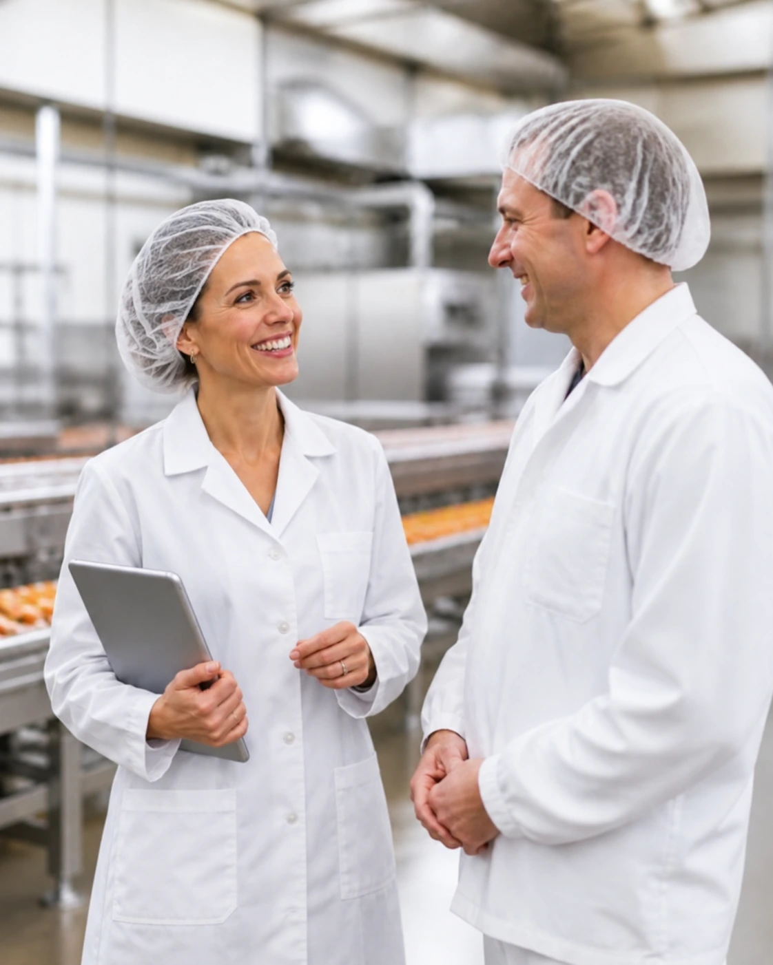 Responsable prévention qui échange avec un chef d’équipe dans un atelier de production
