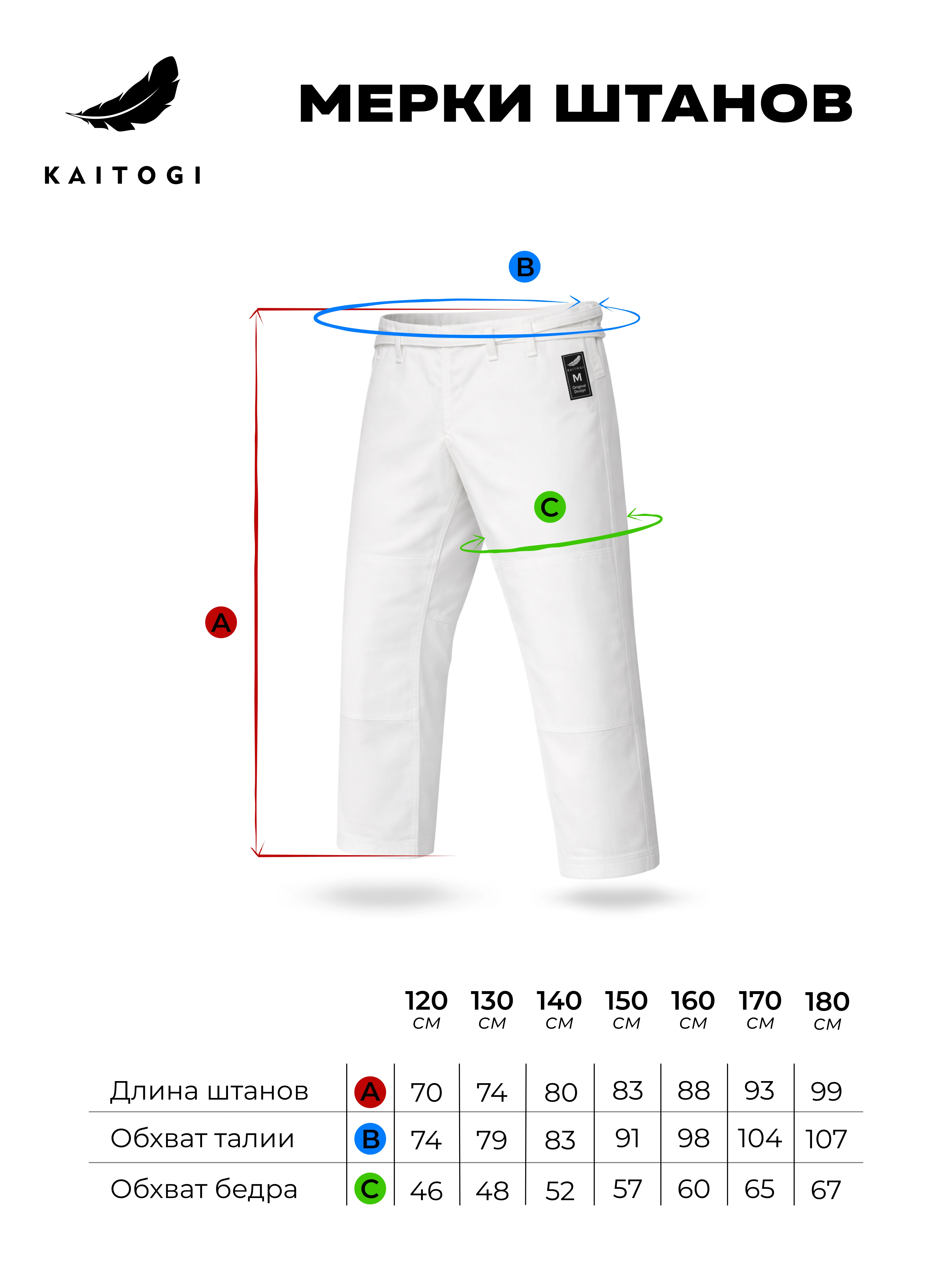 Размерная сетка штанов дзюдоги: схема измерения длины по внешнему шву и ширины талии (Kaitogi J3)