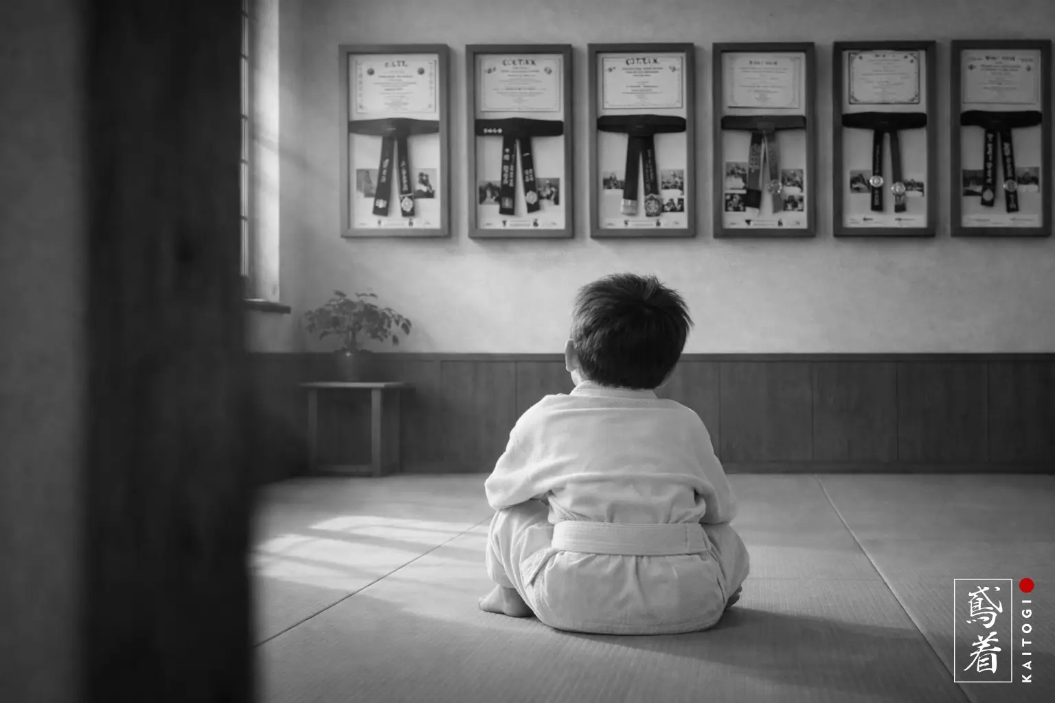 Мальчик-новичок в белом поясе сидит в додзё и смотрит на стену с мастерскими поясами. Мотивация, дисциплина и начало пути в боевых искусствах вместе с экипировкой KAITOGI