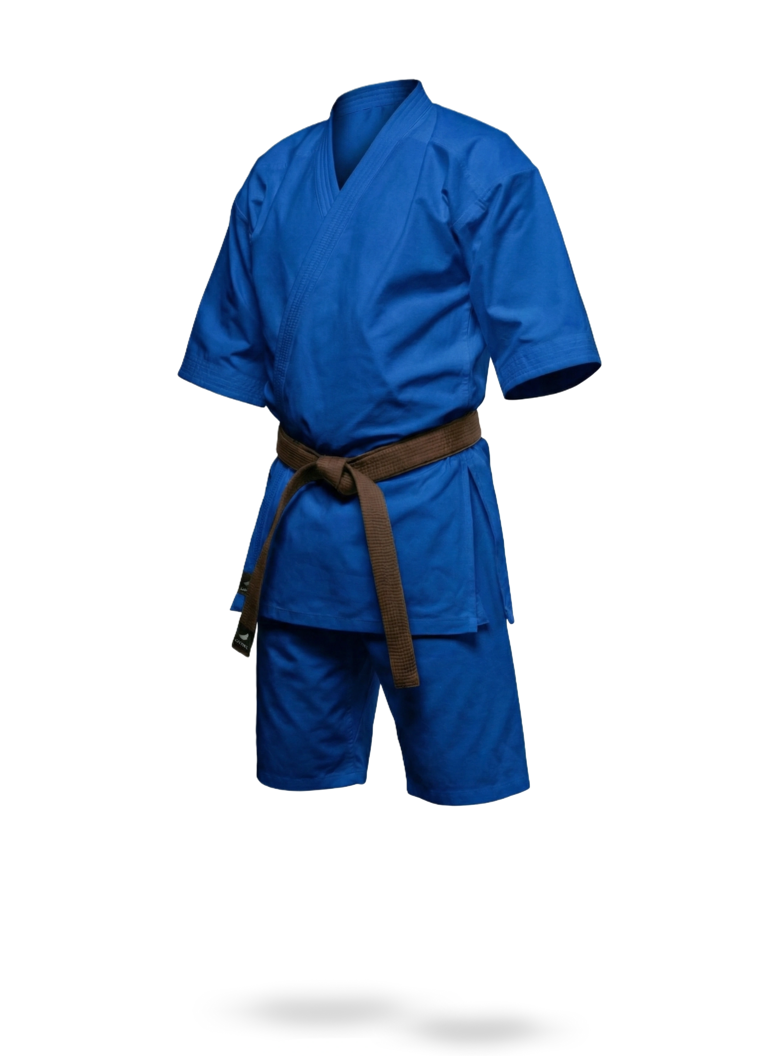 Синий костюм для карате KAITOGI K2M5 (рукав 3/4, длинный подол). На прозрачном фоне