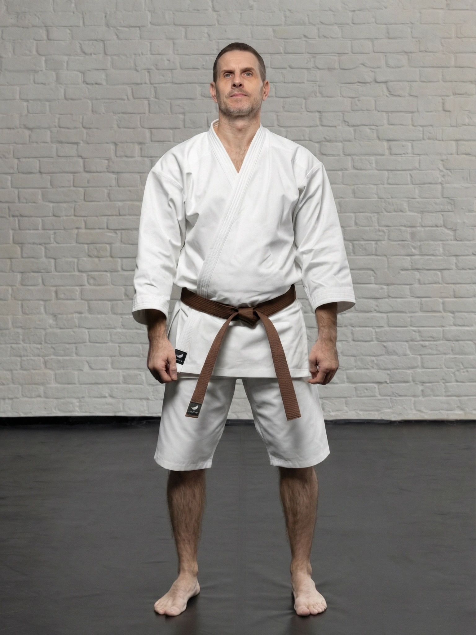 Белое доги для кумитэ KAITOGI K3M5 на спортсмене: укороченная куртка, длинный рукав