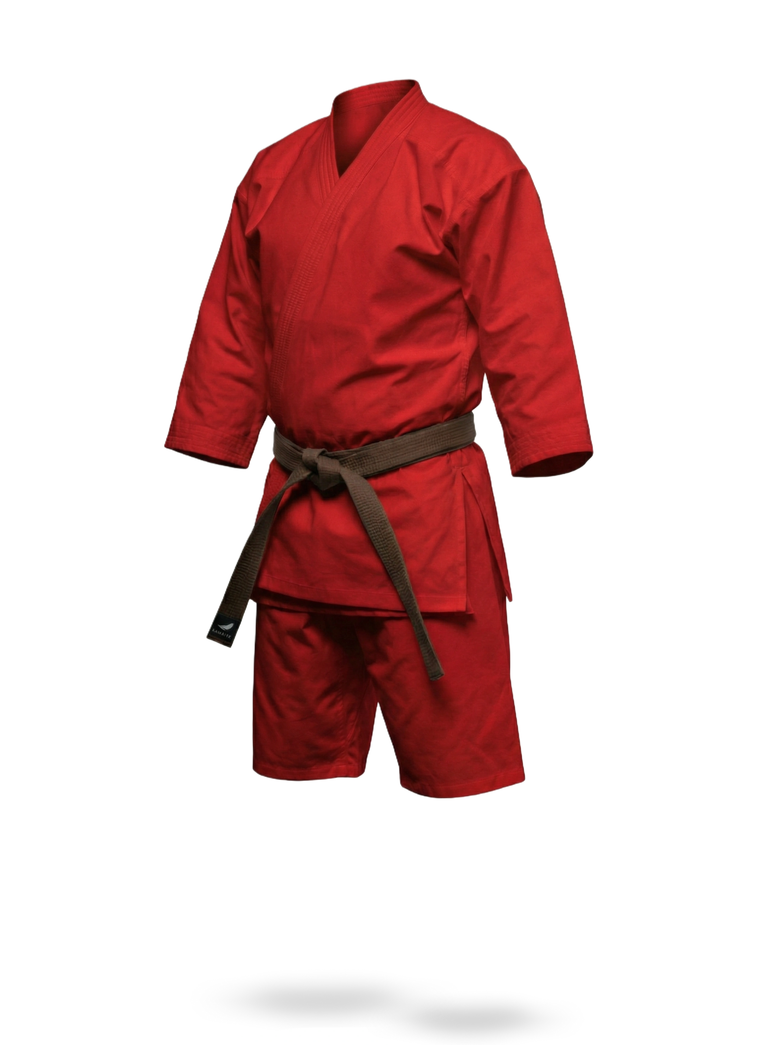 Красное ги KAITOGI K3M5 с укороченным подолом и длинными рукавами. На прозрачном фоне