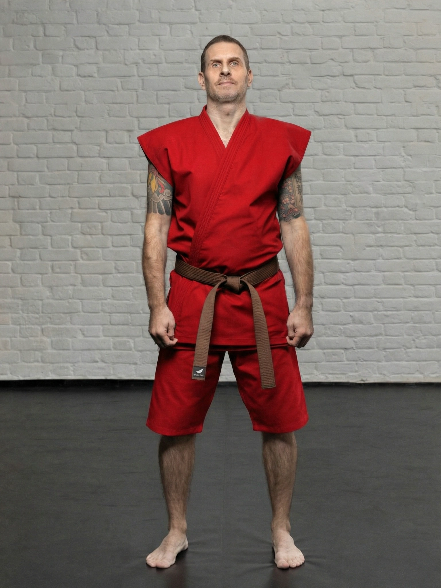 Красное ги-жилет KAITOGI K6M5 на модели, вид спереди в полный рост