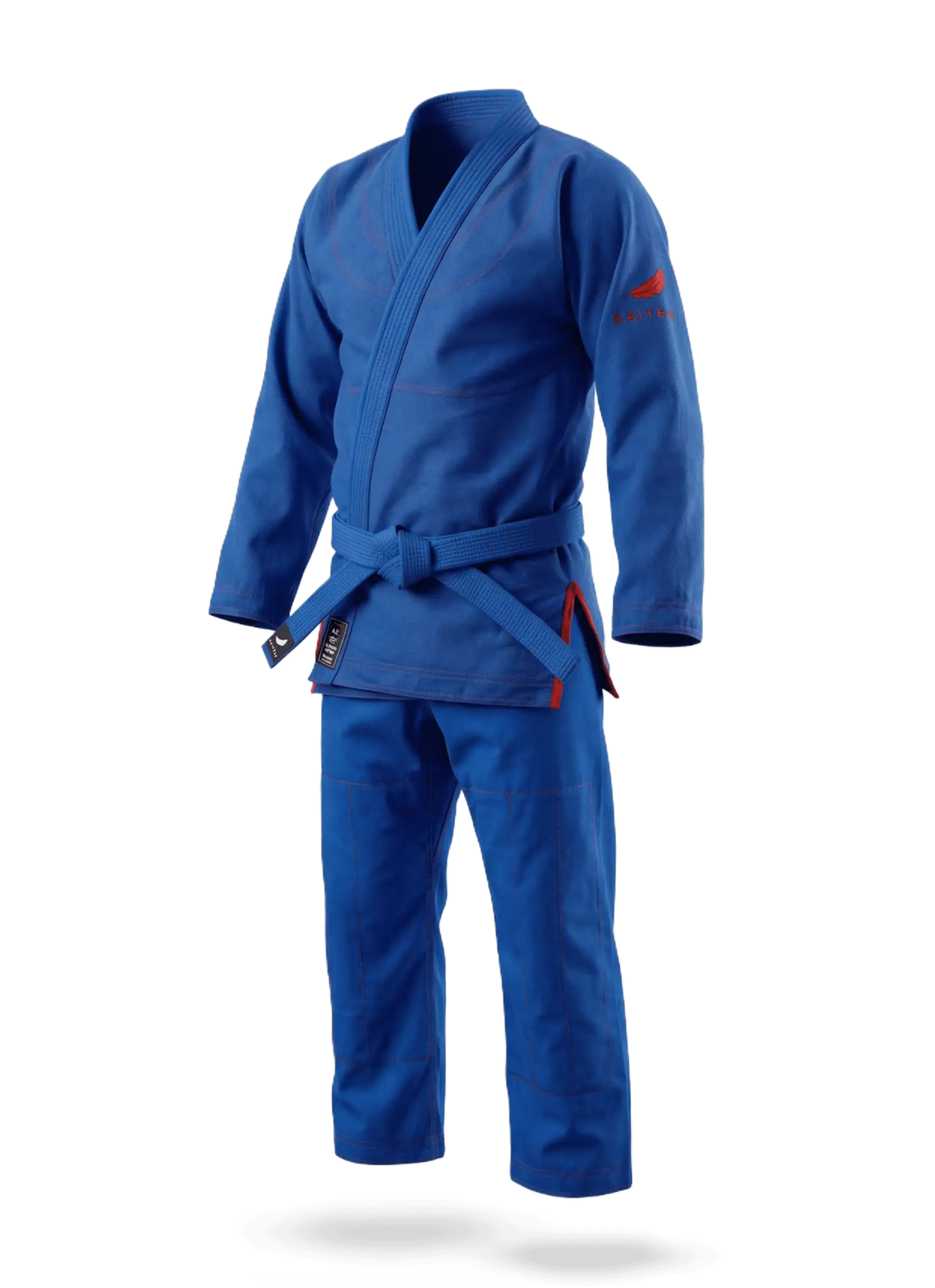 Синее ги для грэпплинга KAITOGI с красной строчкой, 3D-визуализация на прозрачном фоне