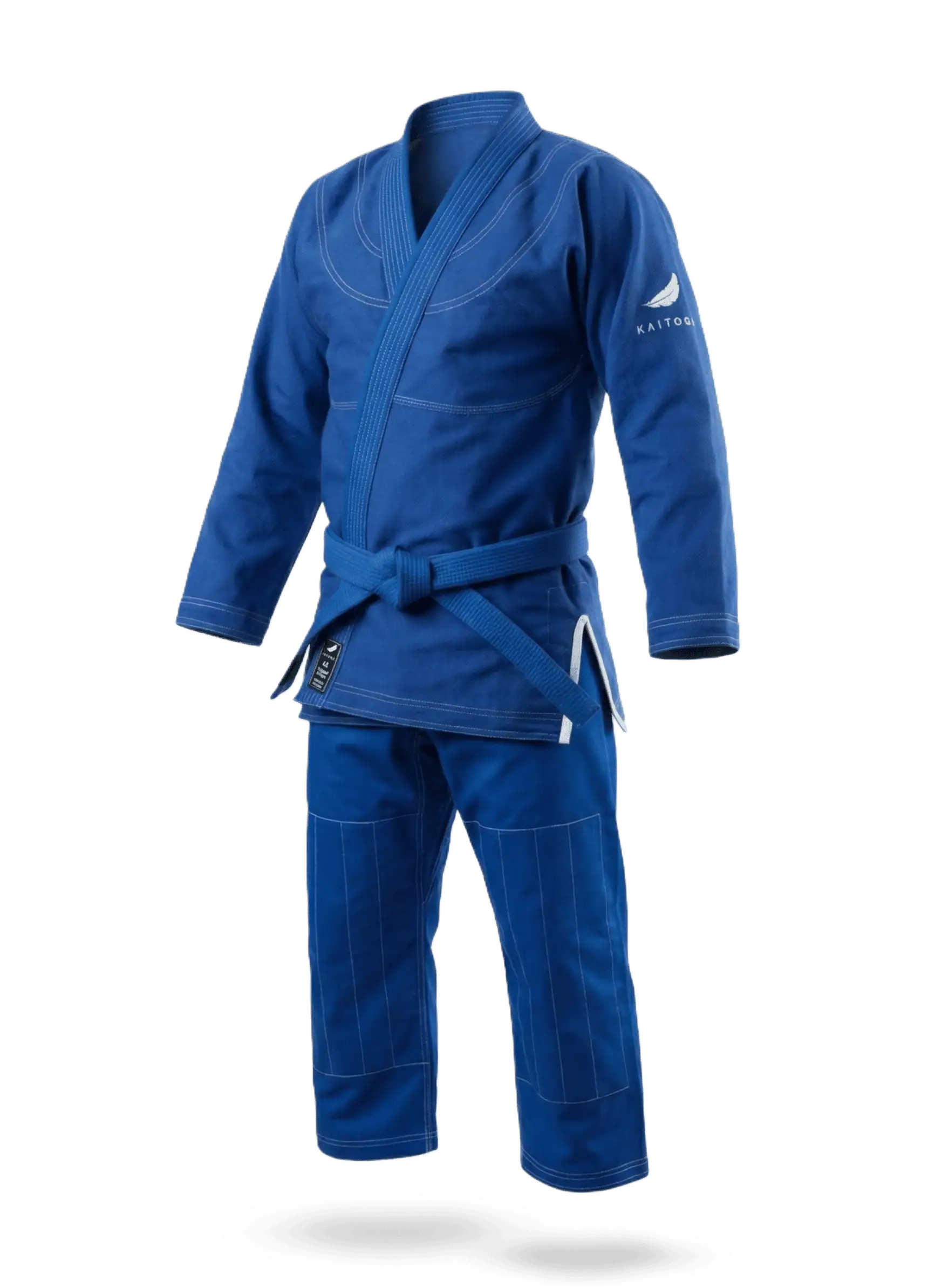 Синее борцовское ги KAITOGI с белыми акцентами, детальная 3D-модель на невидимом фоне