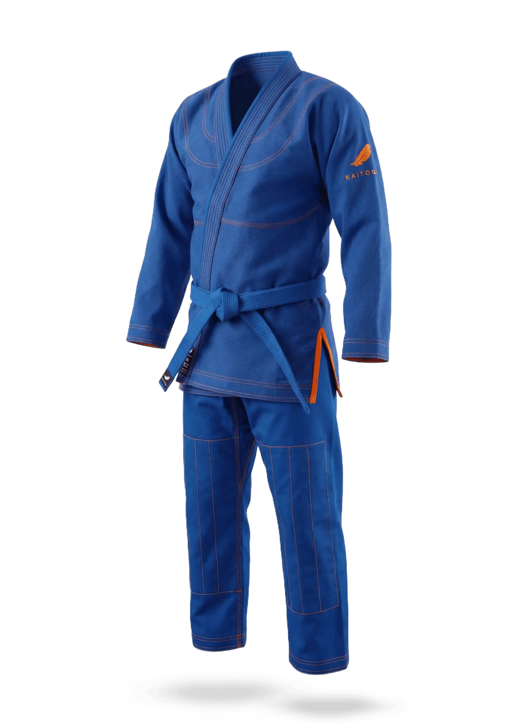 Тренировочное синее кимоно KAITOGI с оранжевой вышивкой, изолированный вид экипировки для партера