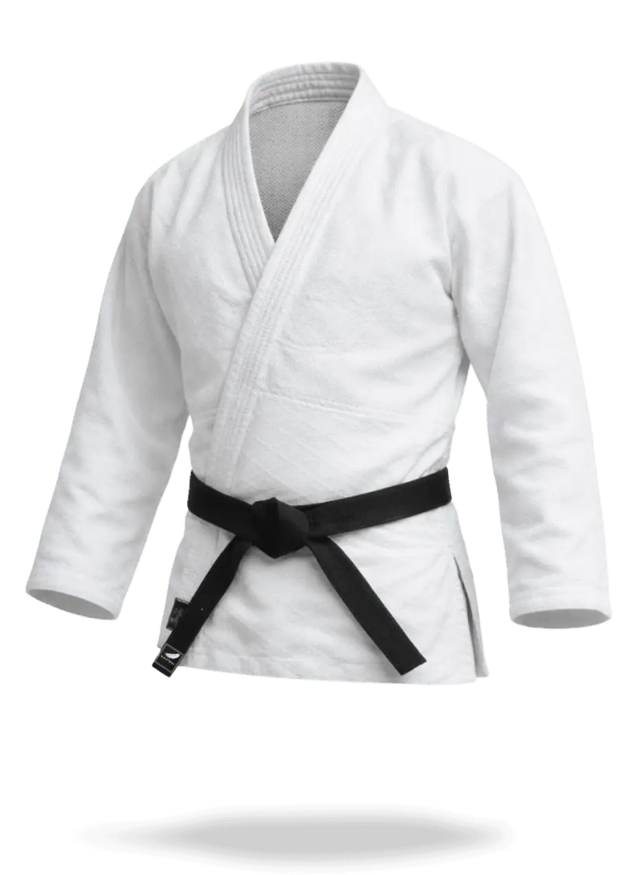 Белая куртка для дзюдо кайтоги, главное фото экипировки с демонстрацией классического кроя