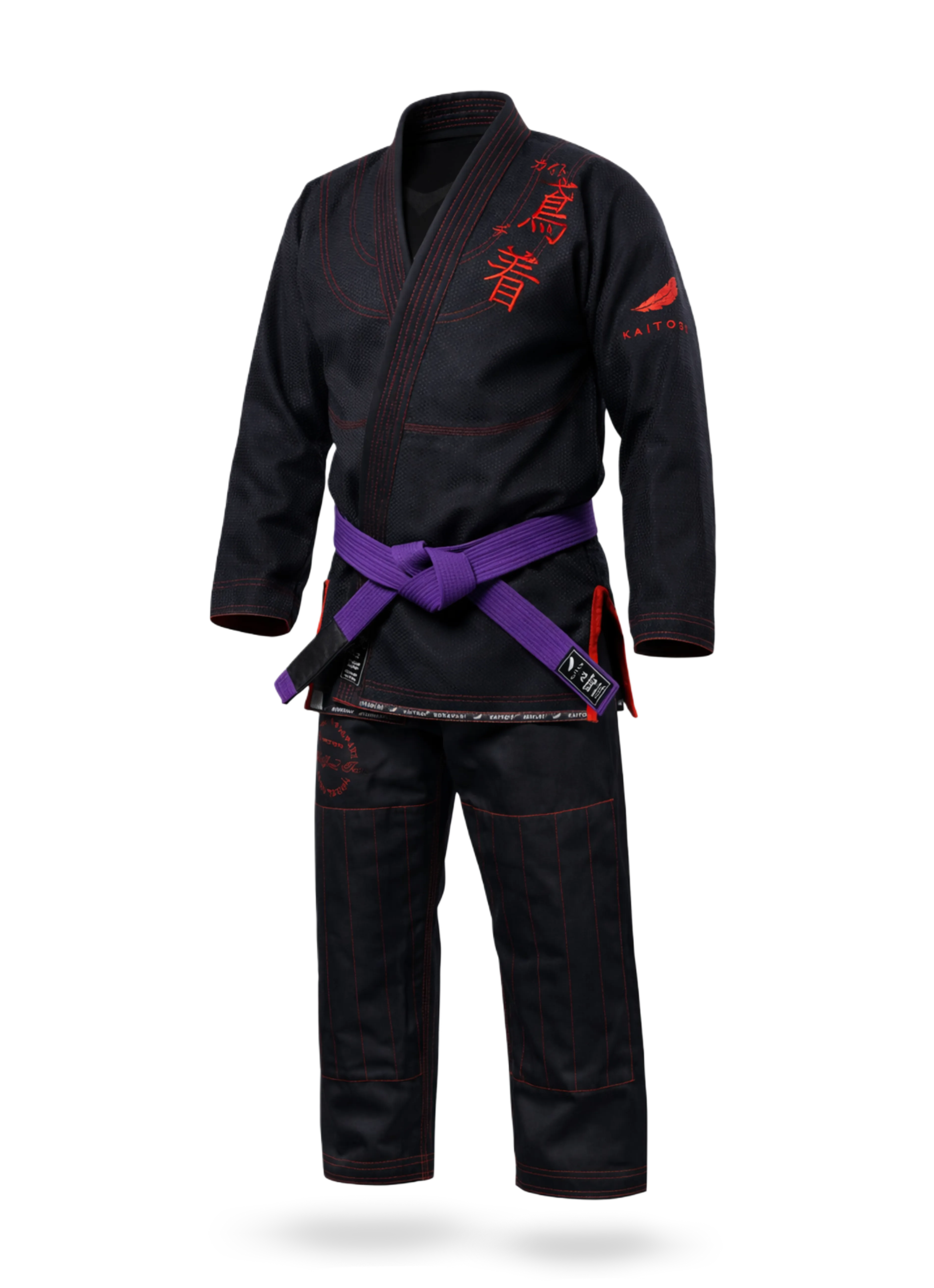 Черное кимоно для БЖЖ KAITOGI с красной вышивкой и контрастной прострочкой нитками FUFUS