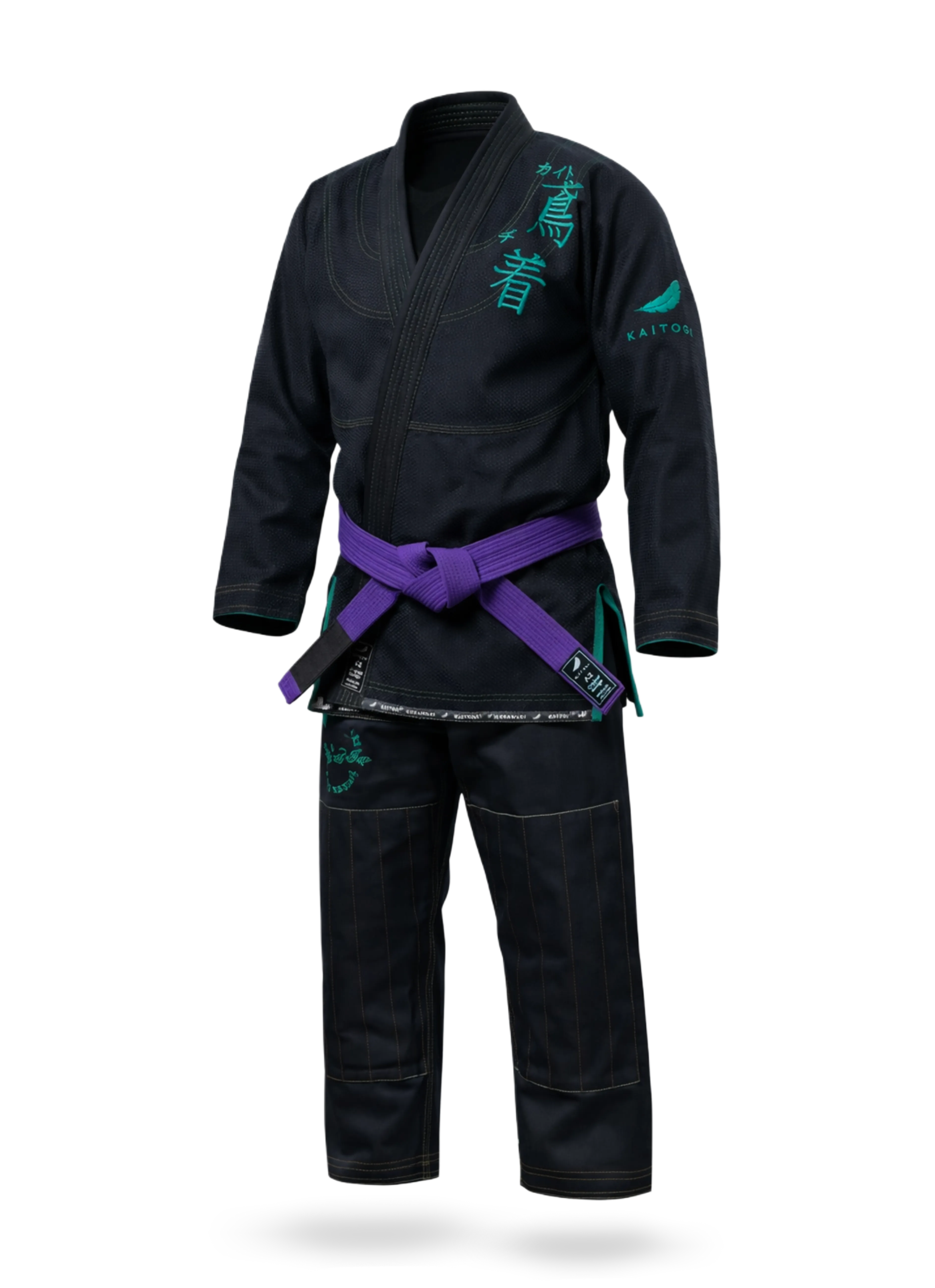 Черное кимоно для БЖЖ KAITOGI с зелеными нитками и вышивкой