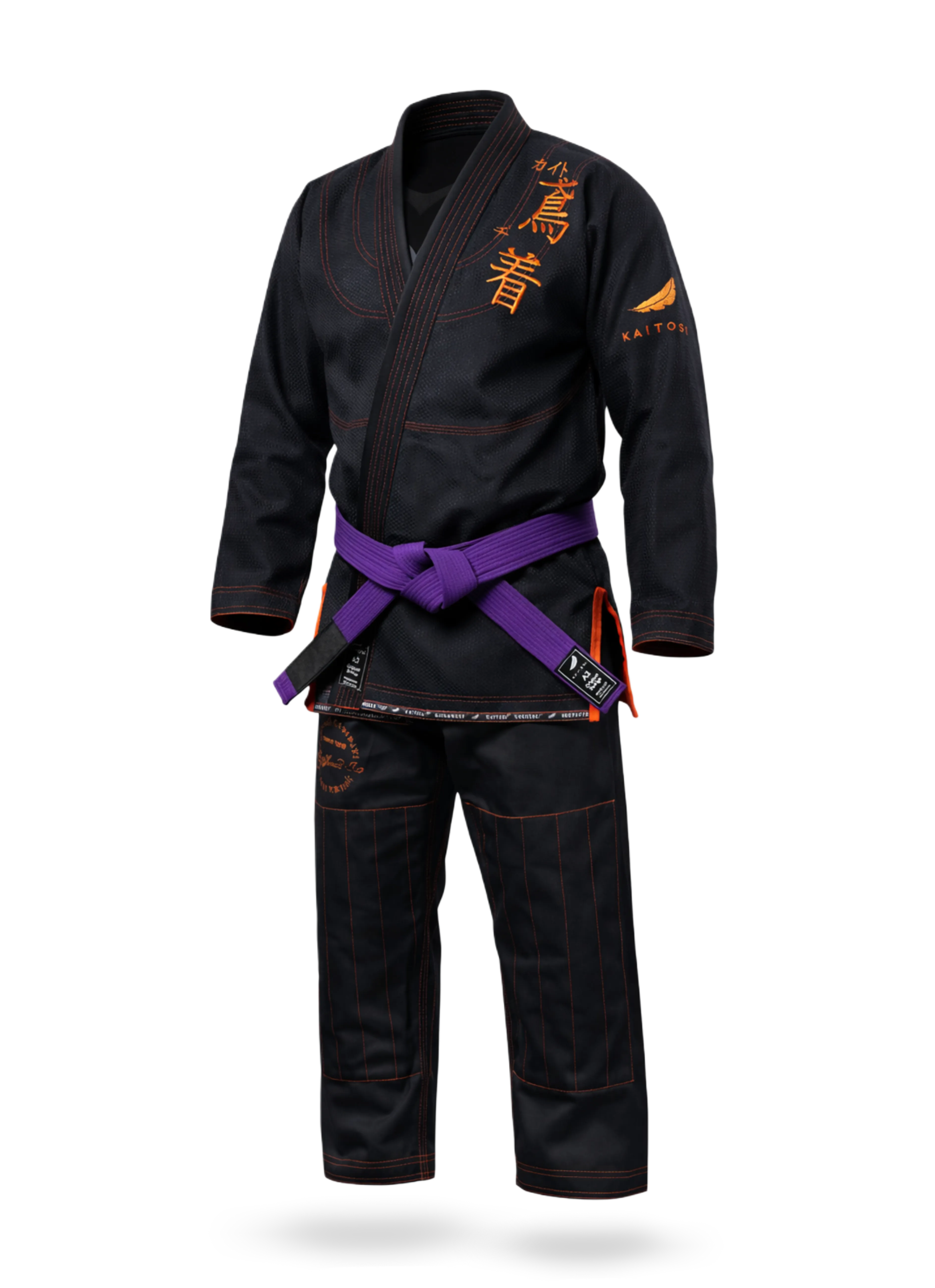 Черное кимоно для БЖЖ KAITOGI с яркой оранжевой вышивкой