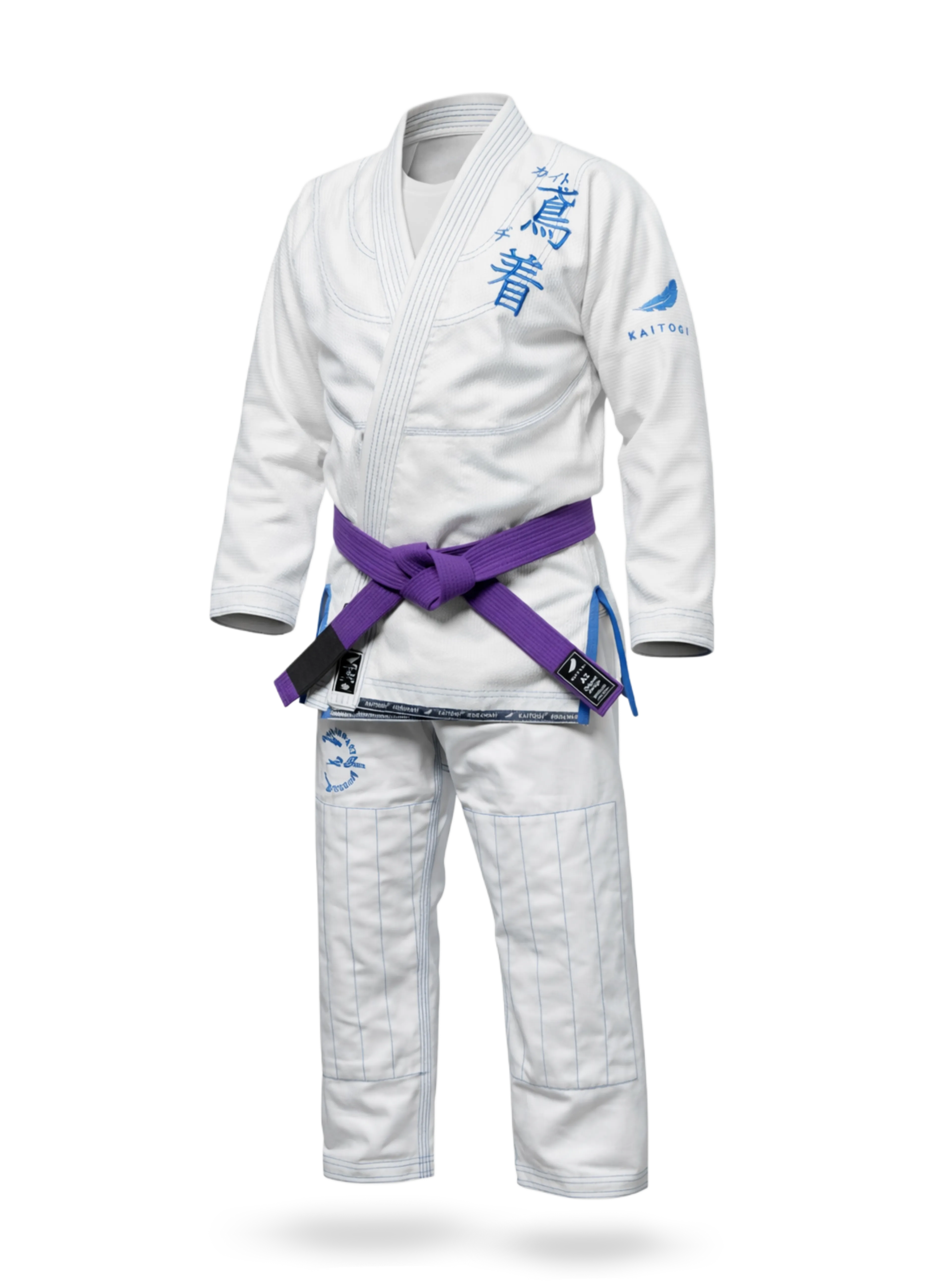 Белое кимоно для БЖЖ KAITOGI с синей вышивкой и нитками