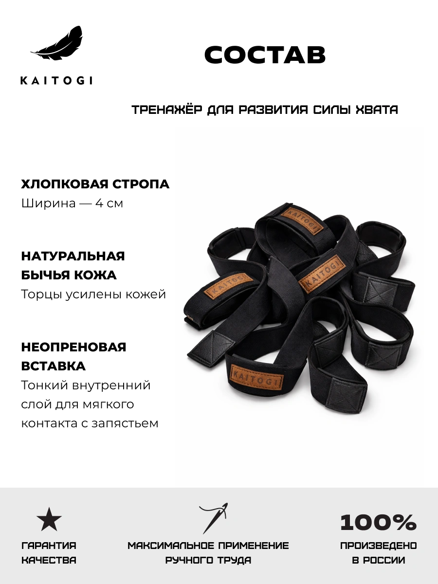 Инфографика состава: износостойкая хлопковая стропа 40 мм, натуральная бычья кожа и амортизирующий неопрен