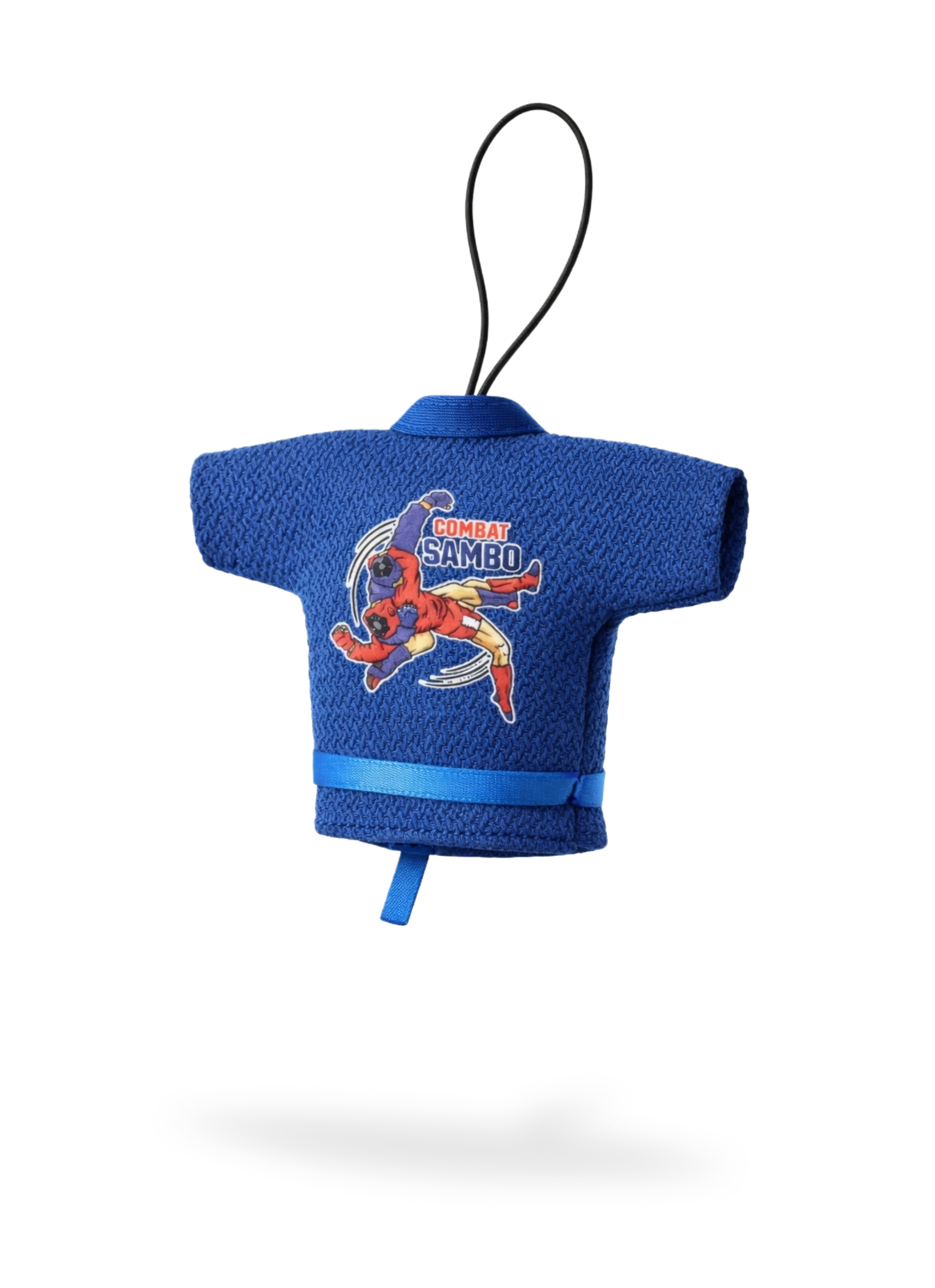 Синяя миниатюрная сувенирная курточка самбо с цветным принтом Combat Sambo, изображением борцов в броске, декоративным поясом, черной петлей для подвеса и объемной фактурной тканью на светлом фоне