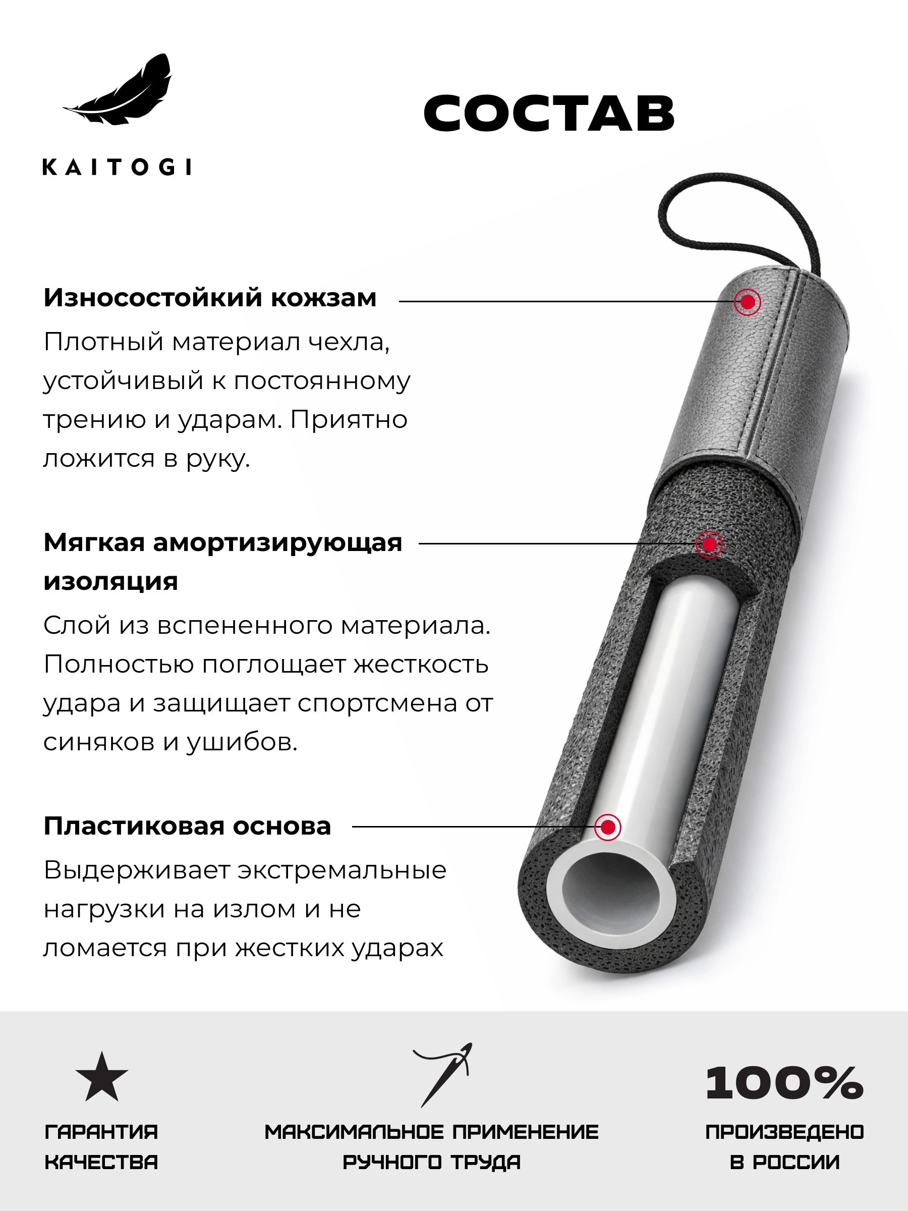 Инфографика состава тактических палочек: пластиковая трубка (2.5 см), изоляционный слой (1 см) и чехол из кожзама с ультрастойкой печатью. Показаны безопасные торцевые заглушки из EVA и фиксирующий шнурок на запястье.