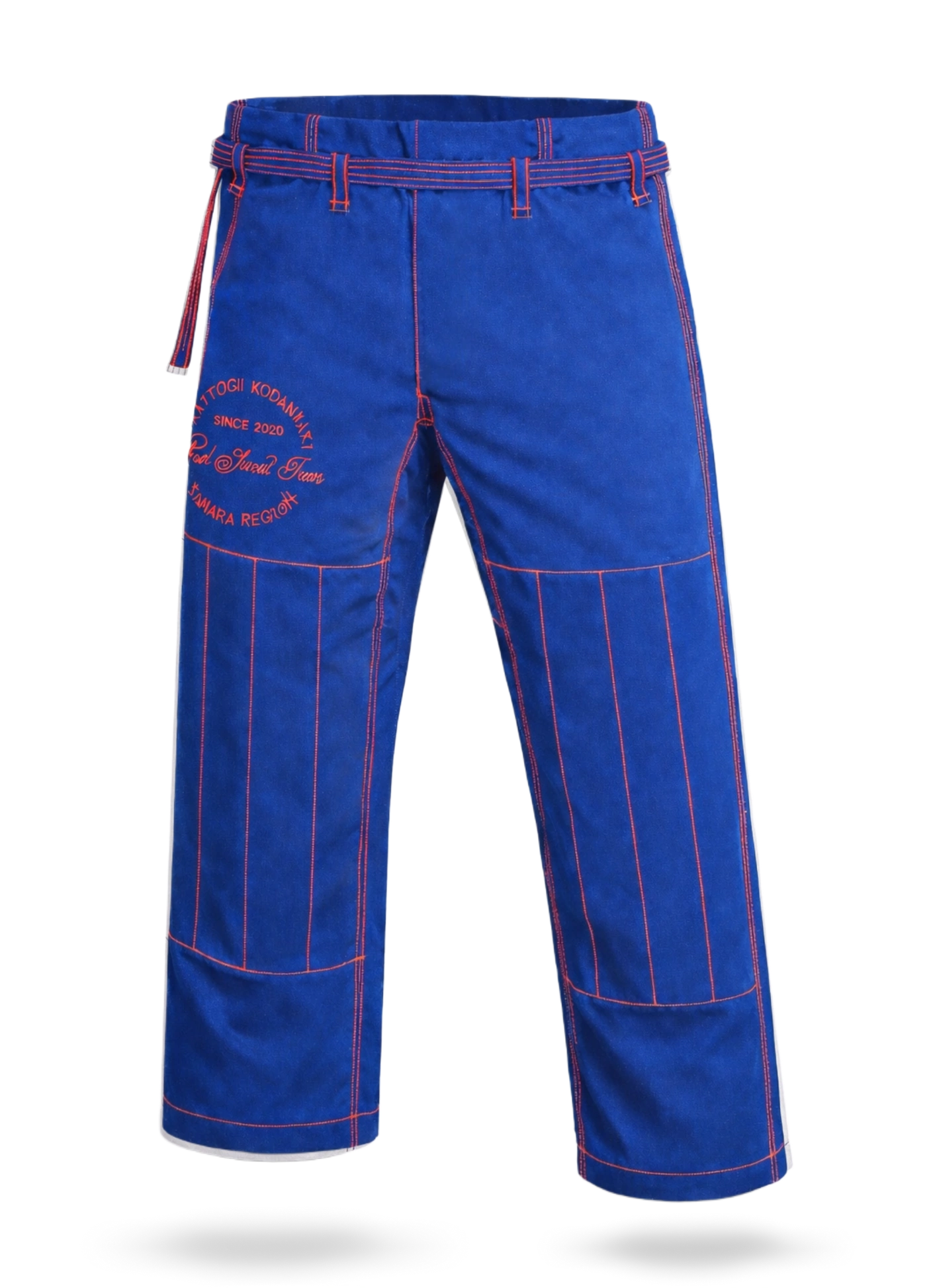 Штаны для БЖЖ (джиу-джитсу) KAITOGI синие с красным дизайном, выполнены из усиленного хлопка с использованием армированных нитей